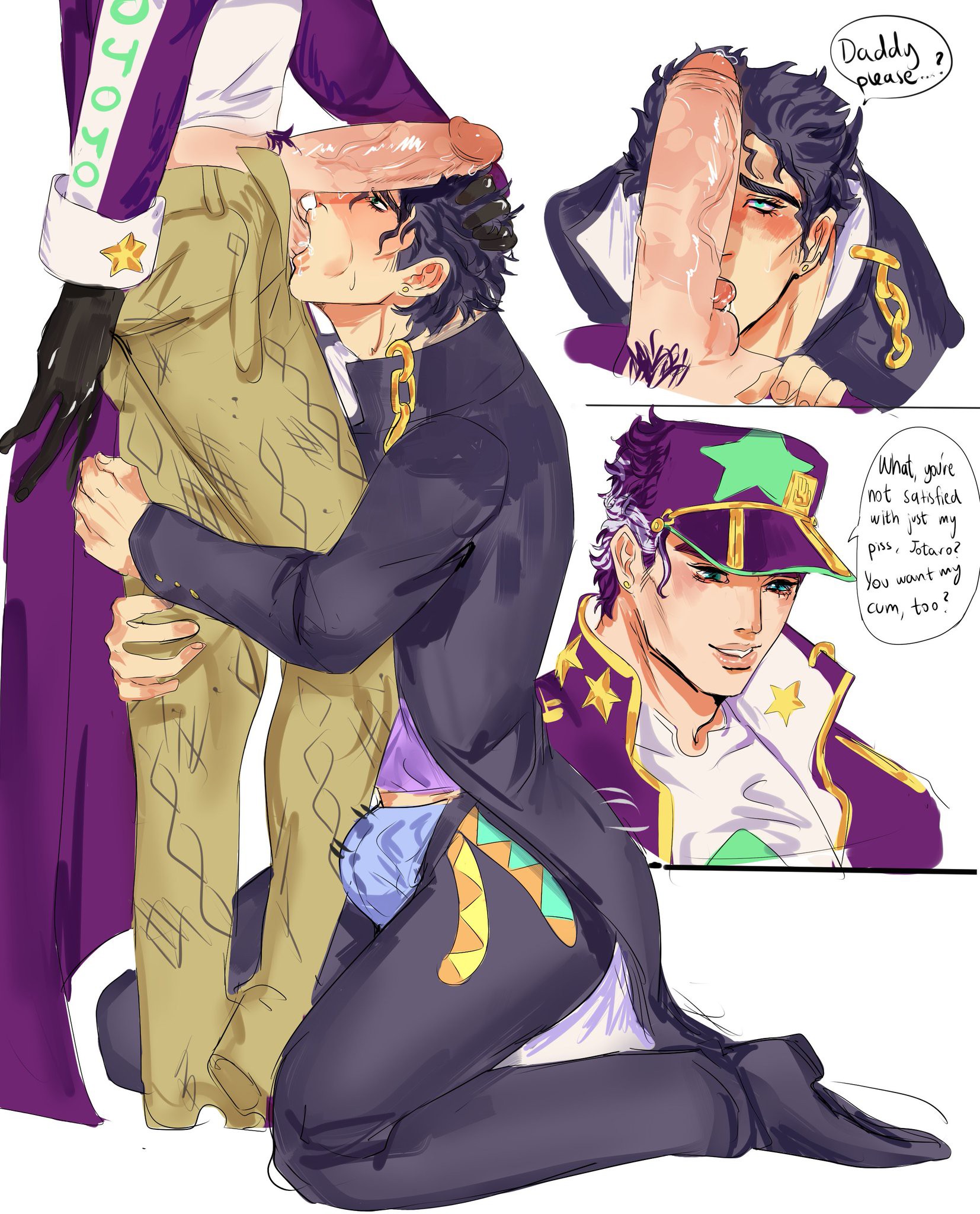 2boys, age difference, balls, bulge, bulge through clothing, daddy kink, dilf, erect penis, erection, gay, jojo's bizarre adventure, jotaro kujo, male, male focus, male only, male/male, on knees, peeing, penis, penis on face, selfcest, standing, stardust crusaders, stone ocean, sucking balls, sucking testicles, testicles, urinating male, urination, urine, vintaro, watersports, yaoi