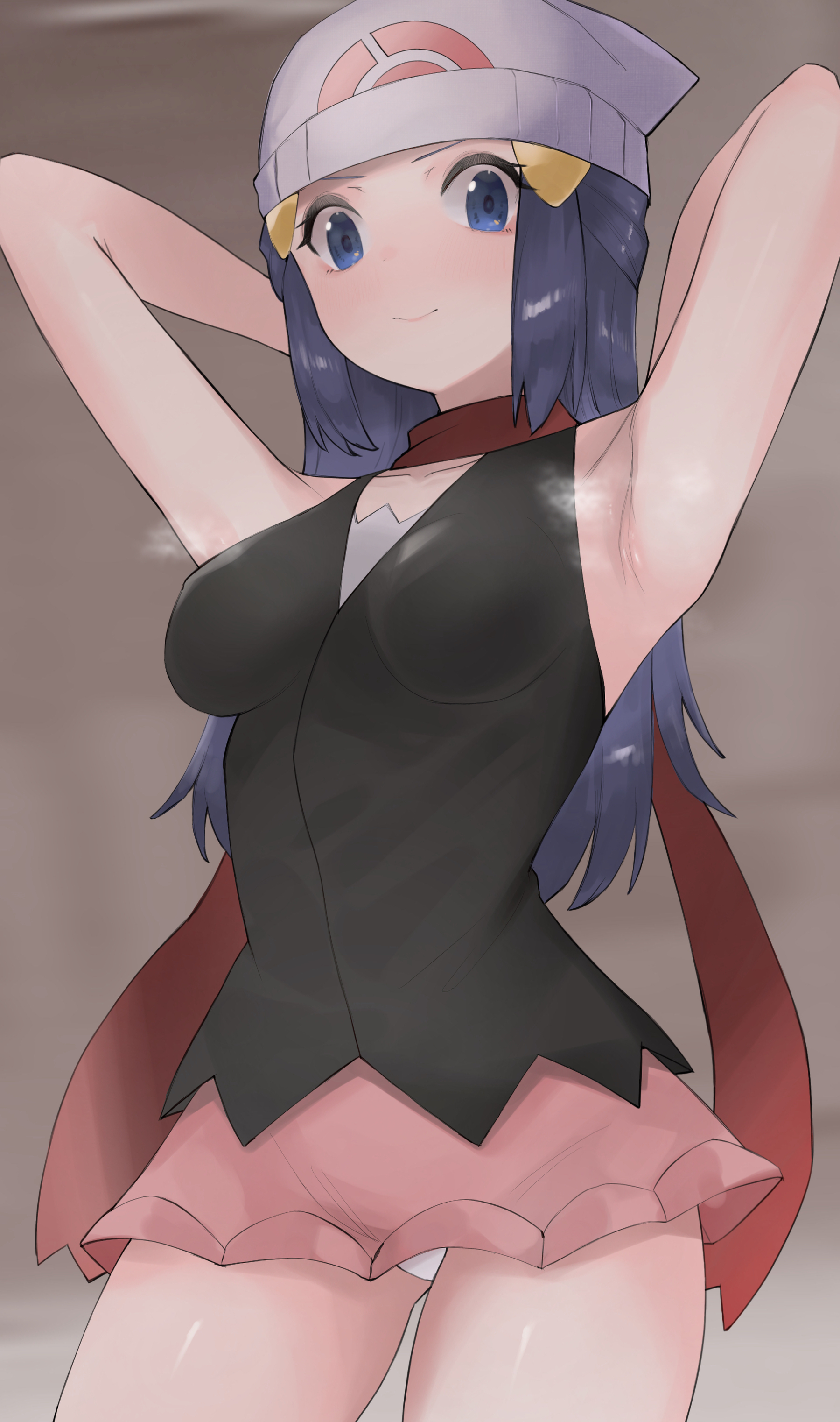 1girls, 2021, armpits, arms behind head, blue eyes, blue hair, blush, breasts, clothed, clothed female, dawn (pokemon), female, female only, fully clothed, grey background, headwear, hi res, high resolution, highres, human, jpeg, kataku musou, long hair, looking at viewer, nintendo, nipple bulge, panties, pantyshot, pantyshot (standing), pokemon, simple background, skirt, smile, steaming body, tagme, thighs, white panties