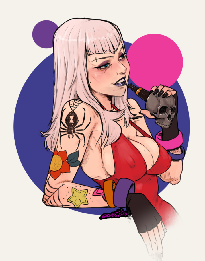 1girls, bangs, big breasts, big nipples, blush, breasts, cleavage, eyeshadow, female, female only, fingerless gloves, green eyes, light skin, light-skinned female, lipstick, narrowed eyes, nipple bulge, nipples, painted nails, pale skin, pale-skinned female, perky breasts, piercing, shadowmist, sideboob, solo female, tattoo