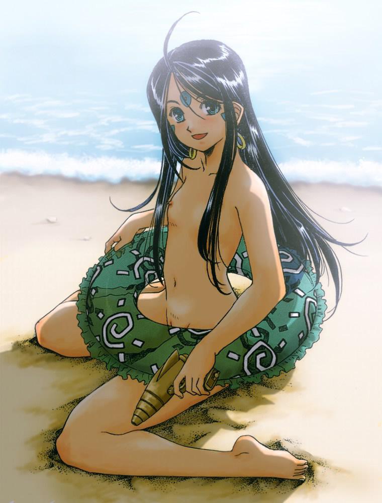 1girls beach black_hair blush female female_only flat_chest fujishima_kousuke green_eyes kneeling nipples nude oh_my_goddess! photoshop pussy shaved sitting skuld smiling solo topless uncensored very_long_hair