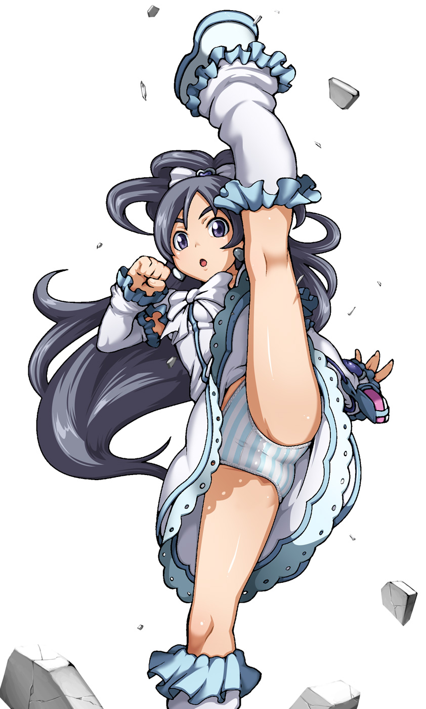 black_hair bow clothing cure_white dress dress_lift futari_wa_precure futari_wa_pretty_cure high_kick highres honoka_yukishiro kick kicking labia leg_lift leg_warmers legs long_hair magical_girl panties pantyshot petticoat ponytail precure pretty_cure pussy solo striped striped_panties tabigarasu tied_hair underwear upskirt very_long_hair yukishiro_honoka