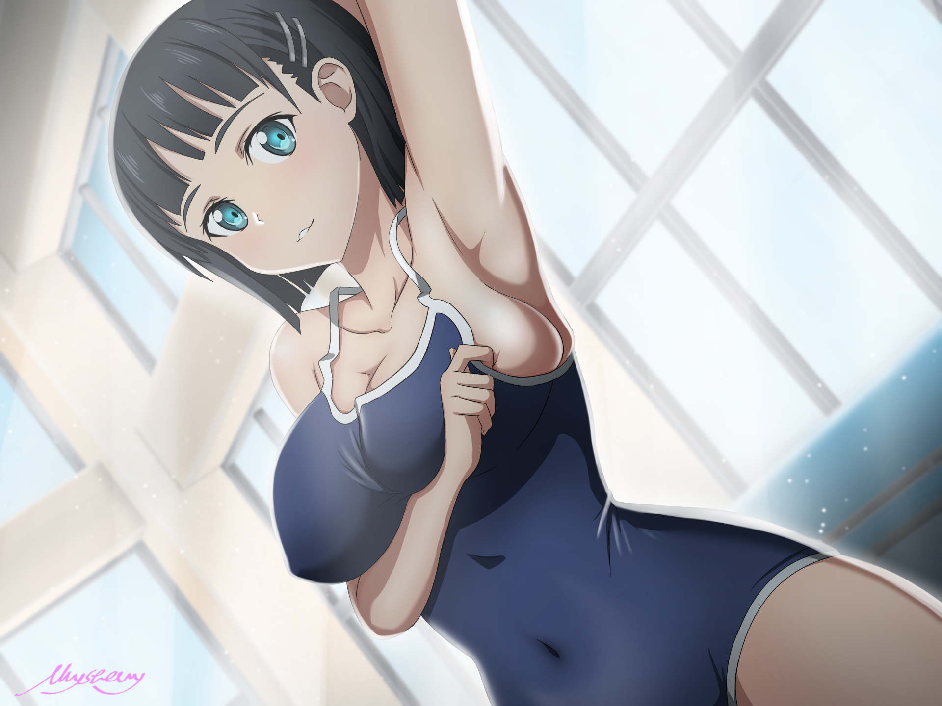 1girls, big breasts, black hair, blue eyes, breasts, female, female only, indoors, kirigaya suguha, large breasts, looking at viewer, mysteryctu, one-piece swimsuit, school swimsuit, short hair, solo, swimsuit, sword art online