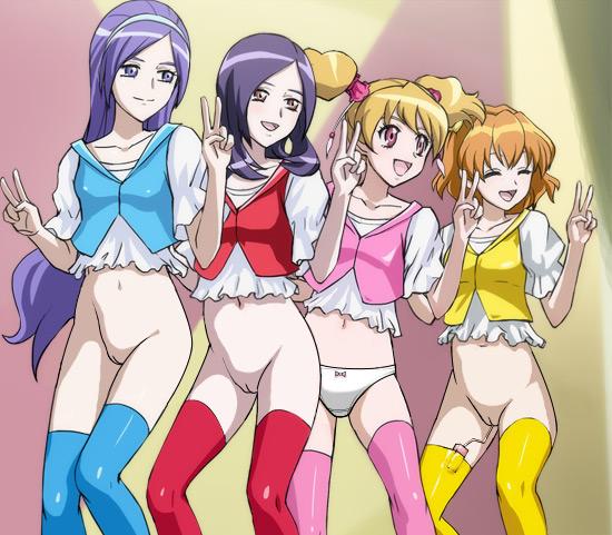 4girls aono_miki clothing female female_only fresh_pretty_cure haruyama_kazunori higashi_setsuna inori_yamabuki love_momozono miki_aono multiple_girls no_panties panties pretty_cure setsuna_higashi stockings vibrator