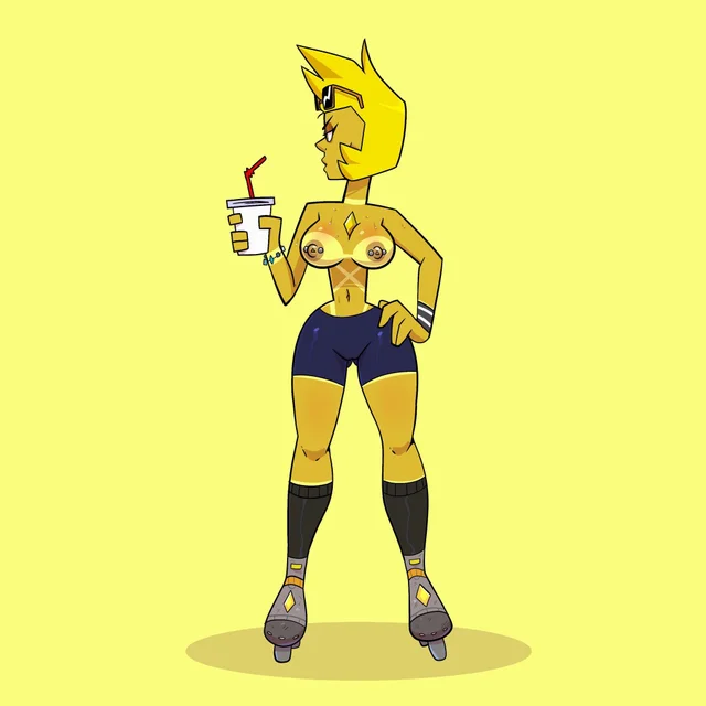 breasts cartoon_network dark_skin diamond_authority female gem_(species) nipples pinup rollerblades steven_universe tan tanline tanned yellow_diamond_(steven_universe)