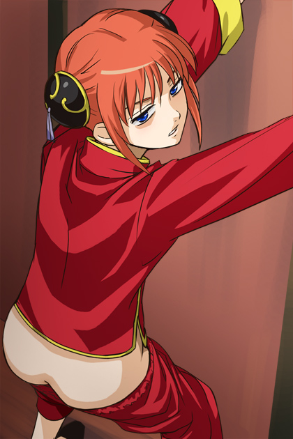 1girls ass_cleavage blue_eyes bun_cover butt_crack chinese_clothes female female_only gintama haruyama high-angle_view kagura_(gintama) orange_hair pants_down short_hair solo