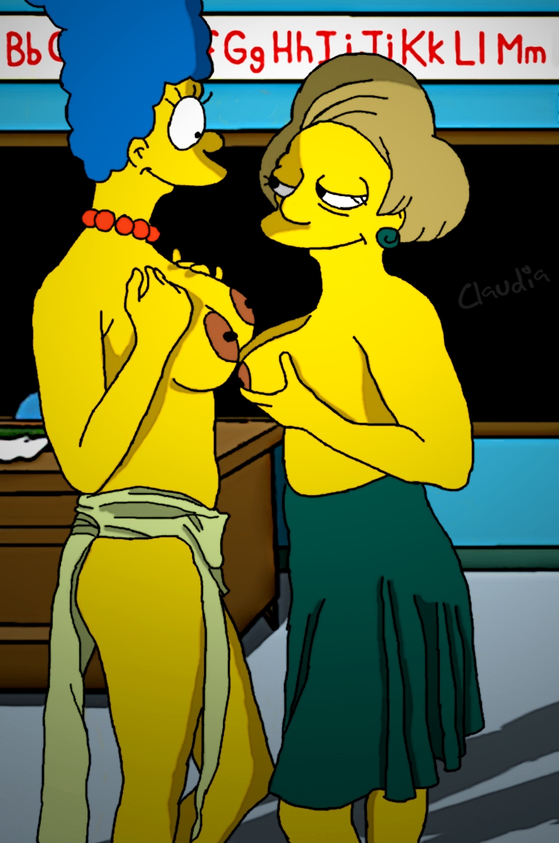 breasts claudia-r clothes color edna_krabappel female female_only human indoors marge_simpson multiple_females multiple_girls nipples side_view tagme the_simpsons topless yuri