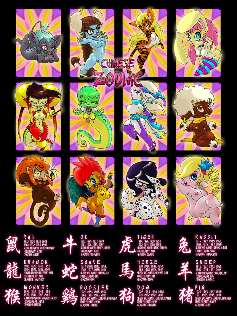 anthro canine chinese_zodiac dragon female female_only haplorhine horse male_chicken monkey monkey_feet monkey_girl ox pig prehensile_feet primate rabbit rat sheep snake tiger