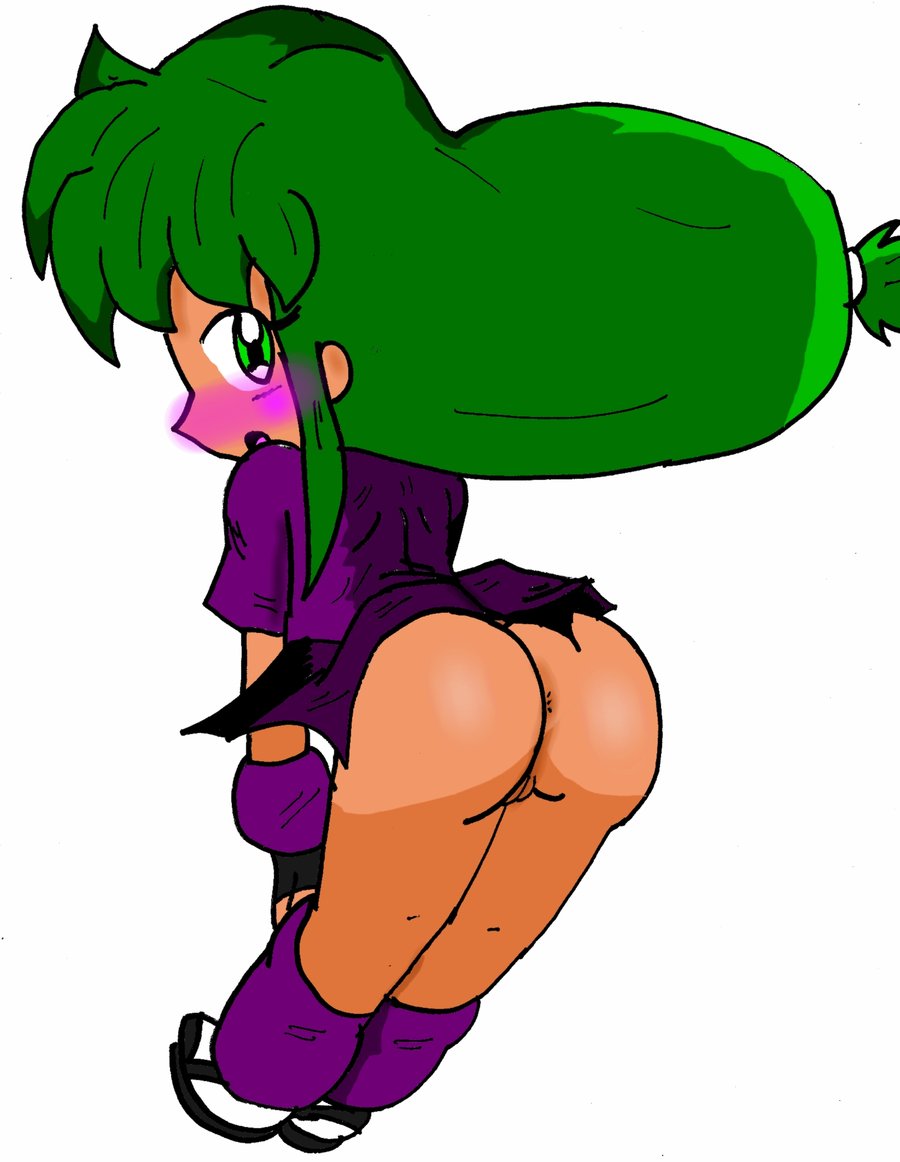 1girls bigbootyinc blush ganbare_goemon green_eyes green_hair solo tagme yae_(ganbare_goemon)