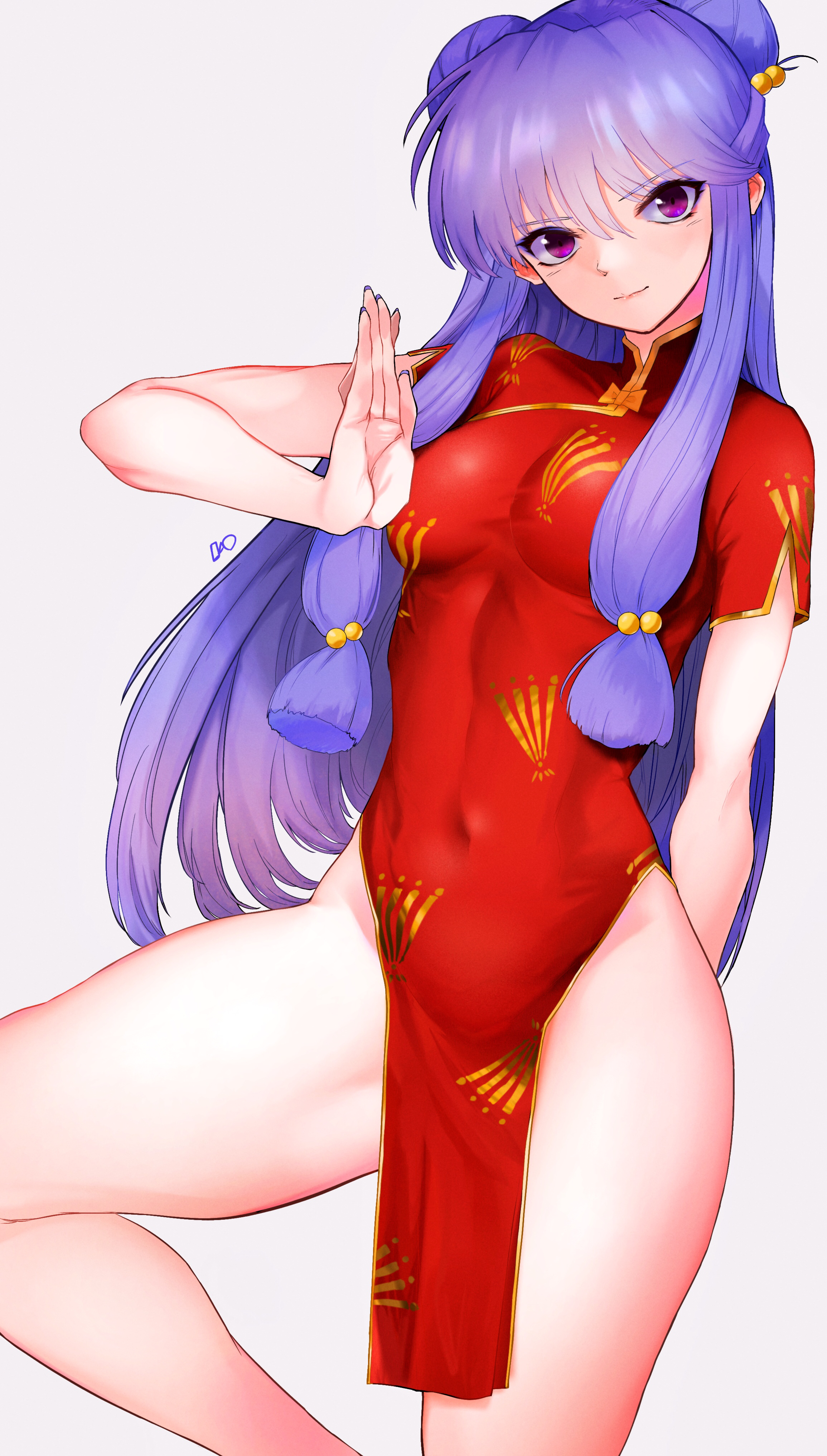 1girls, 2020, abs, belly, belly button, bottomless, breasts, chinese clothes, clothing, dress, female, female only, hi res, high resolution, highres, kataku musou, long hair, looking at viewer, navel, no panties, purple eyes, purple hair, ranma 1/2, shampoo (ranma 1/2), simple background, small breasts, standing on one leg, thick thighs, thighs, tight clothing, white background