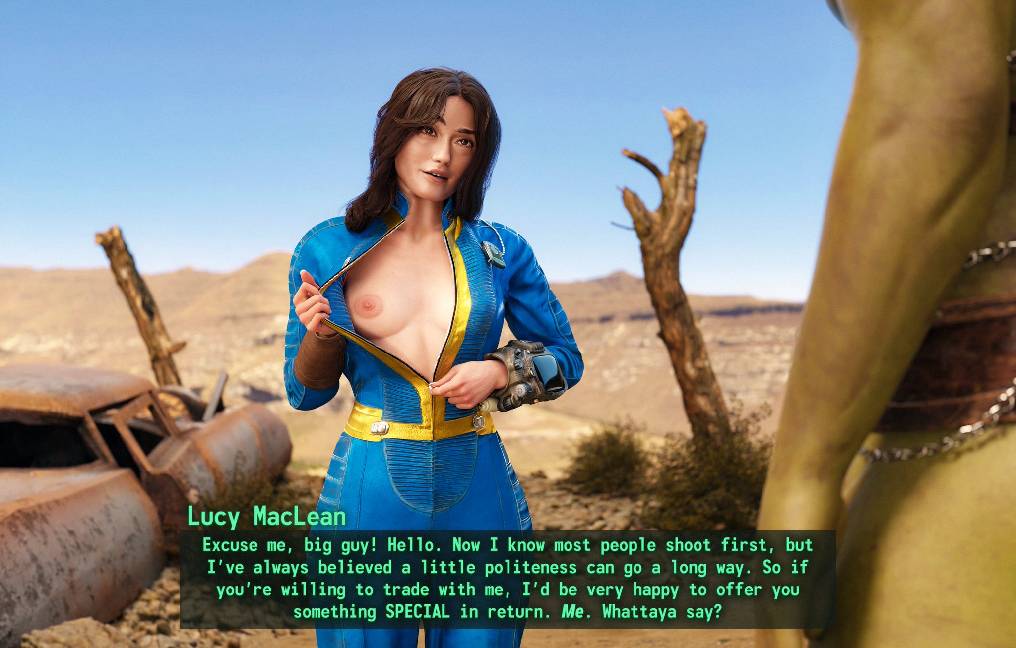1boy, 1girls, 1monster, 2d, 3d, actress, big ass, big breasts, bigger male, breasts, celebrity, comic, comic page, curvaceous, curvy, curvy figure, dialogue, dinoboy555, ella purnell, english text, fallout, fallout (series), fallout (tv series), female, flashing, flashing breasts, green body, green skin, hips, interspecies, legs, light skin, light-skinned female, lucy maclean, mature, mature female, medium breasts, monster, monster on female, nipples, partial male, pip-boy, presenting, presenting breasts, size difference, slim waist, smaller female, super mutant, taller male, text, text box, thick, thick hips, thick legs, thick thighs, thighs, vault girl, vault suit, voluptuous, waist, wide hips