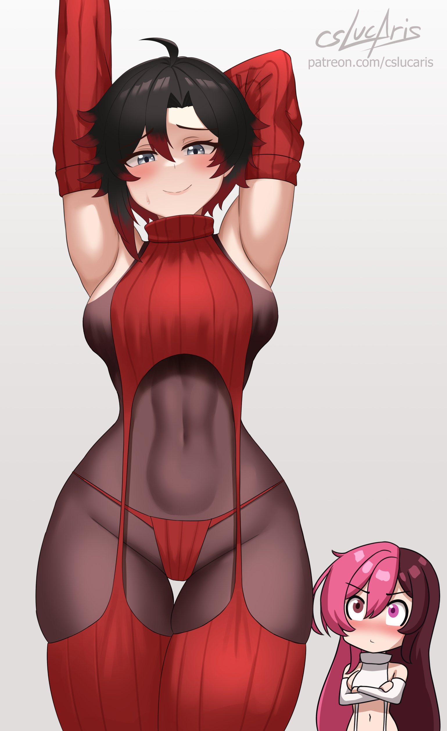 2girls, arms up, big breasts, black stockings, body stocking, cslucaris, embarrassed, embarrassed expression, female, female only, hands behind head, leggings, neo (rwby), neopolitan (rwby), red sweater, ruby rose, rwby, virgin destroyer sweater, viz media, white background