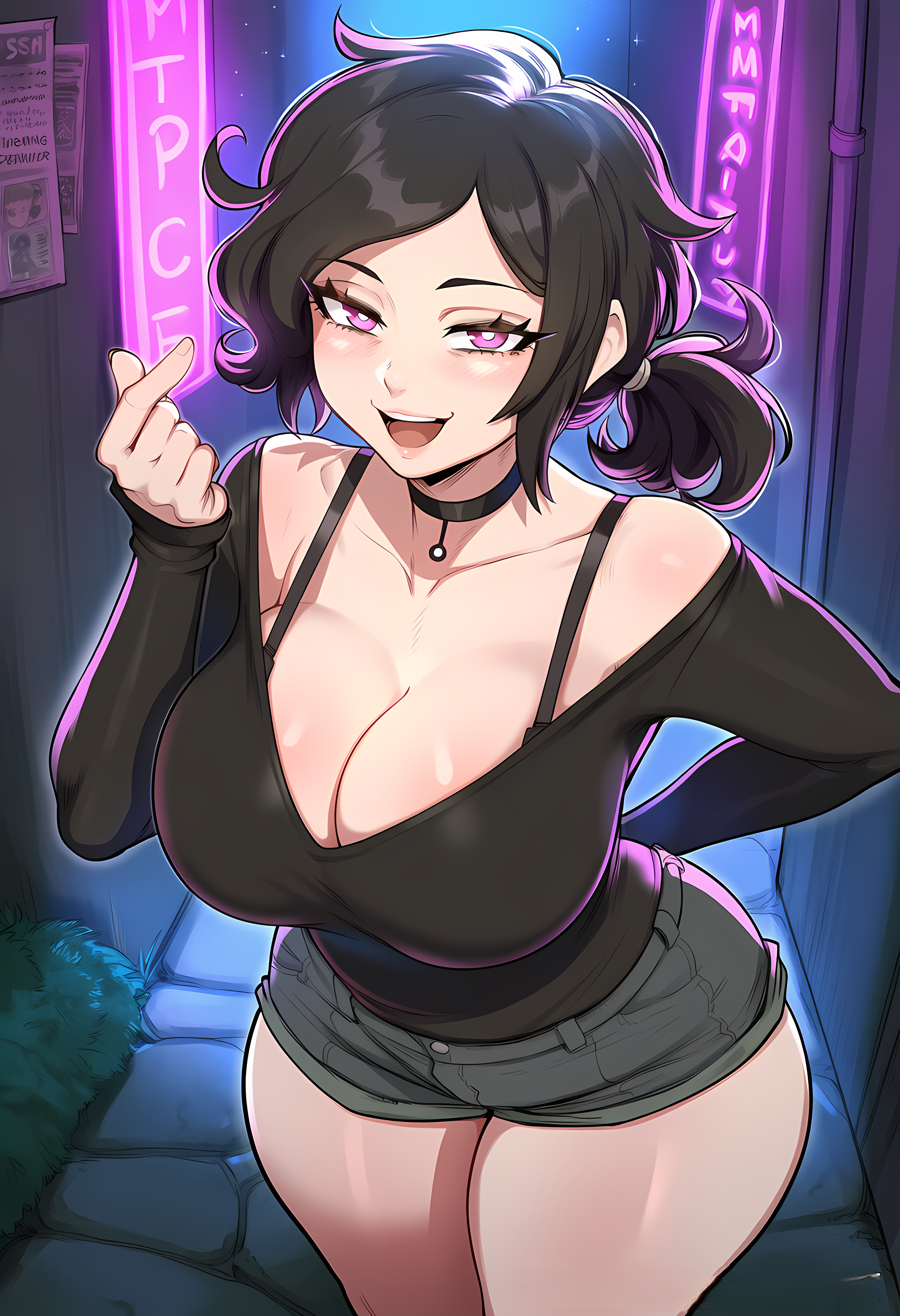 1girls, ai generated, alley, alleyway, ashley graves, ass, big ass, big breasts, brat, breasts, busty, cleavage, clothed, clothed female, female, female focus, female only, front view, goth, goth girl, grin, happy, happy female, horny, horny female, huge ass, huge breasts, large breasts, light-skinned female, necklace, pale-skinned female, pink eyes, ponytail, pose, posing, smug, smug face, smug grin, solo, solo female, solo focus, the coffin of andy and leyley, thick, thick thighs, thighs, tied hair