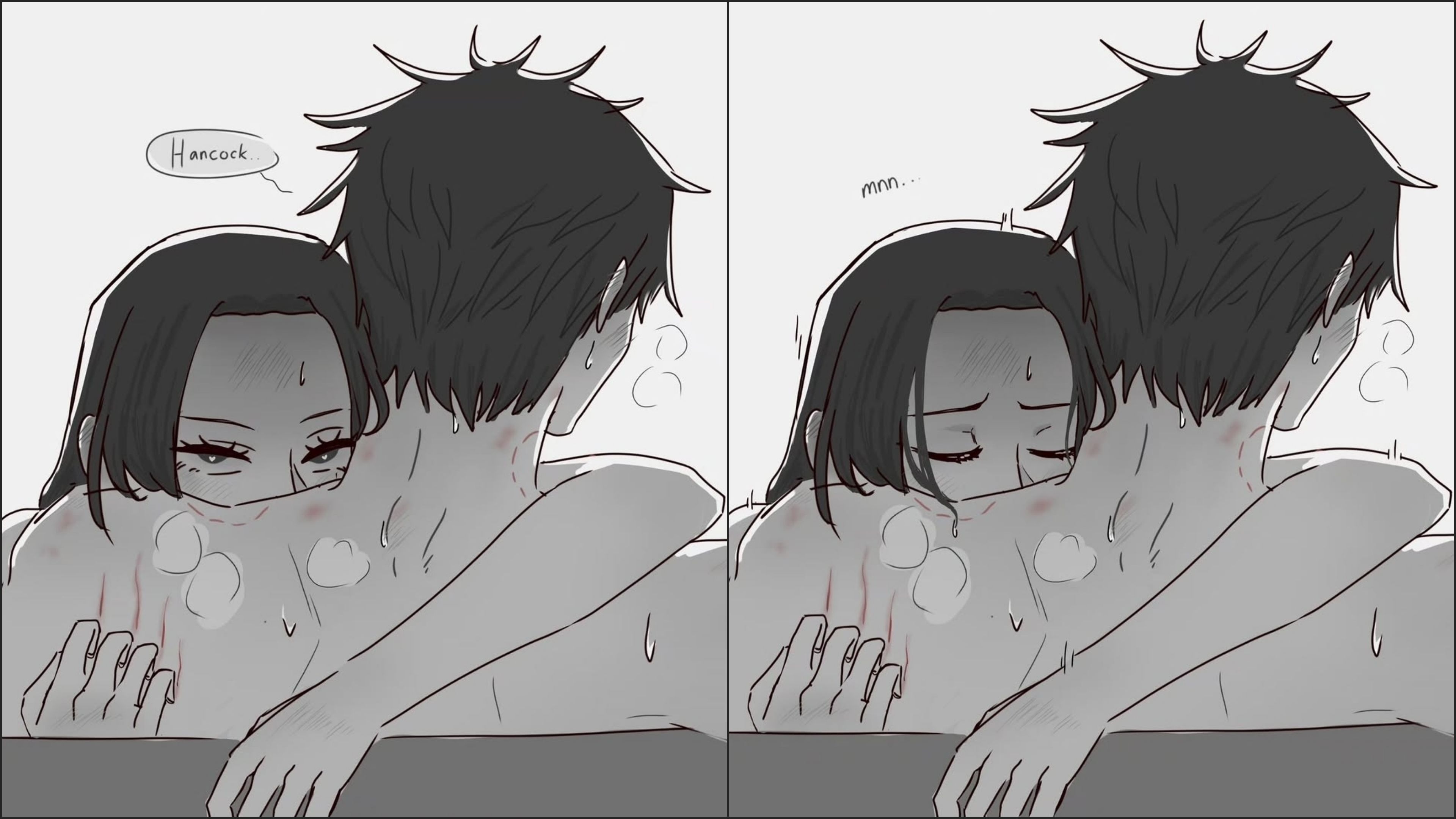 back muscles, back view, bite marks, boa hancock, collage, female, greyscale, heart-shaped pupils, hickey marks, looking at viewer, male, monkey d luffy, one piece, review jujur, scratching, wholesome
