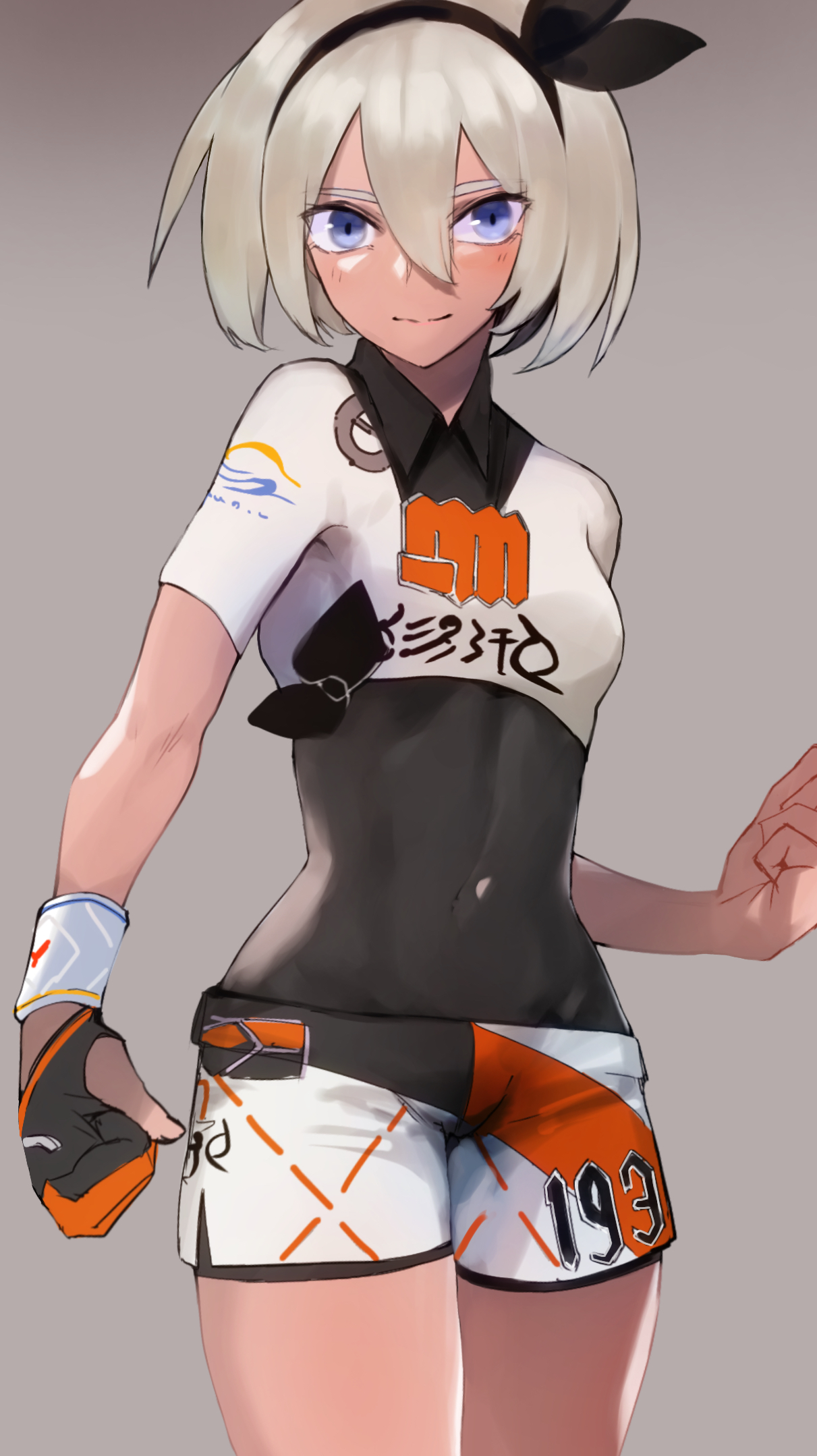 1girls, 2021, 2d, 2d (artwork), abs, bea (pokemon), belly, belly button, blue eyes, bodysuit, breasts, clothed, clothed female, female, female only, flat chest, flat chested, fully clothed, glove, gloves, grey background, grey hair, hairband, headwear, hi res, high resolution, highres, human, kataku musou, light skin, light-skinned female, looking at viewer, navel, nintendo, pokemon, pokemon ss, shirt, short hair, shorts, silver hair, simple background, small breasts, smile, solo, sportswear, standing, thighs, tight clothing