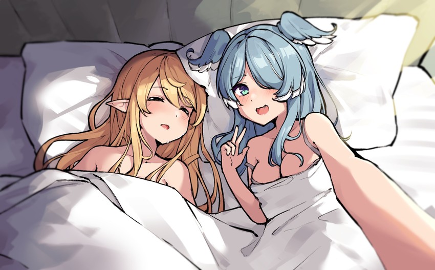 2girls, after sex, bed, bed sheet, bedroom, breasts, cleavage, elira pendora, female, female only, large breasts, nijisanji, nijisanji en, pomu rainpuff, virtual youtuber, yuri