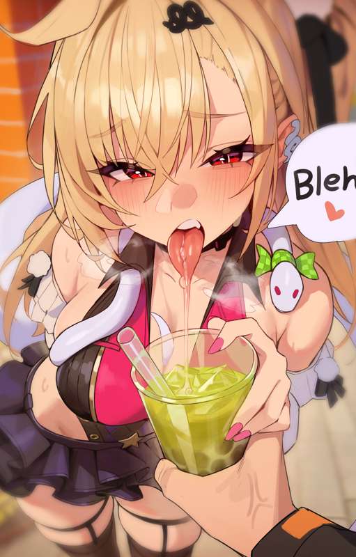 1girl, 2d, blonde female, blonde hair, caption, cissia (zenless zone zero), colored nails, disgusted look, drink, female, female only, hyuk (yeayeo), long nails, lowres, male pov, painted nails, pink nails, snake girl, spit, spitting, spitting drink, tongue, tongue out, wise (zenless zone zero), zenless zone zero