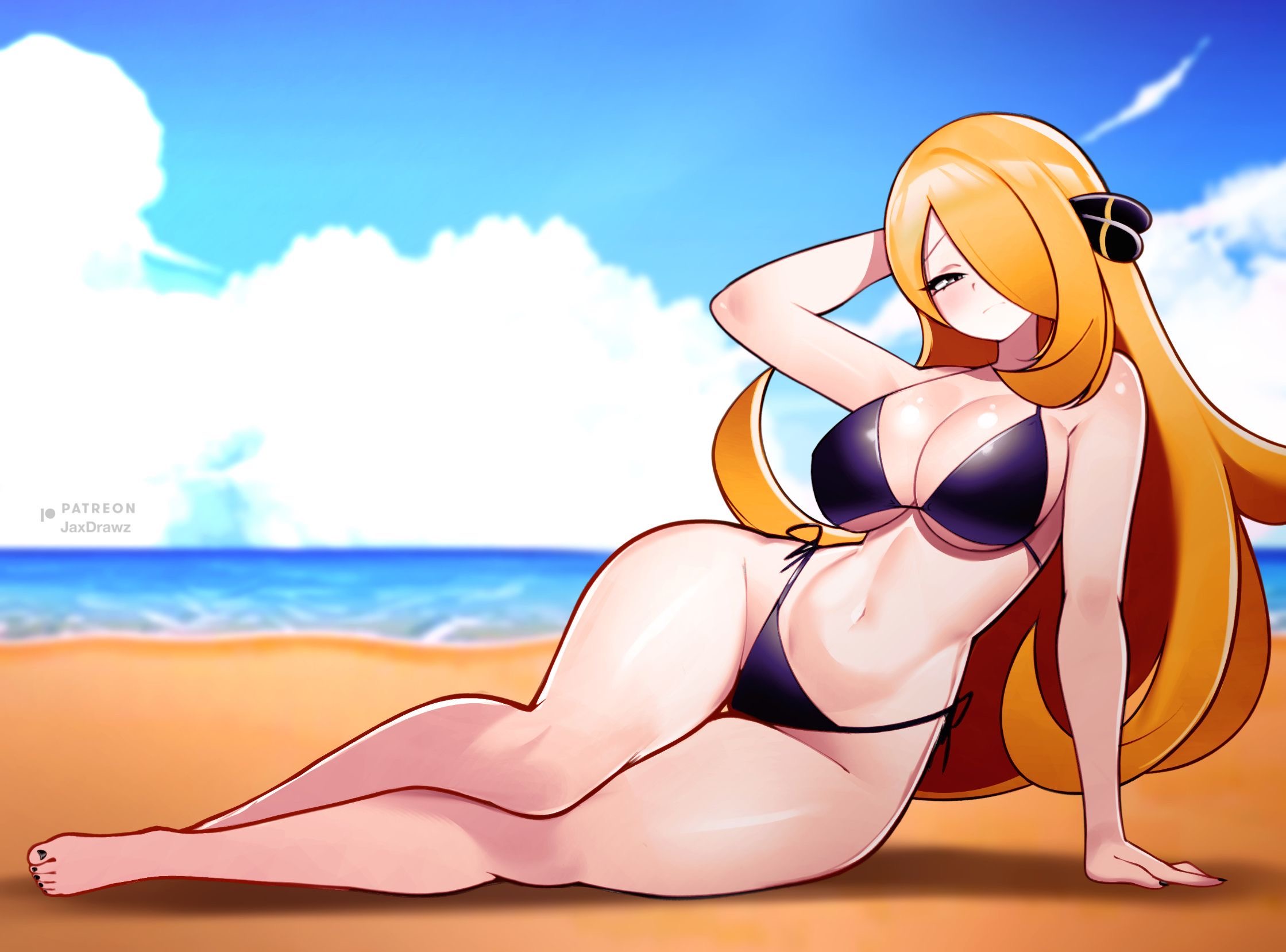 1girls, big breasts, bikini, breasts, cynthia (pokemon), female, female focus, female only, jaxdrawz, large breasts, light skin, light-skinned female, nintendo, pokemon, solo, swimsuit, thick thighs, thighs, wide hips