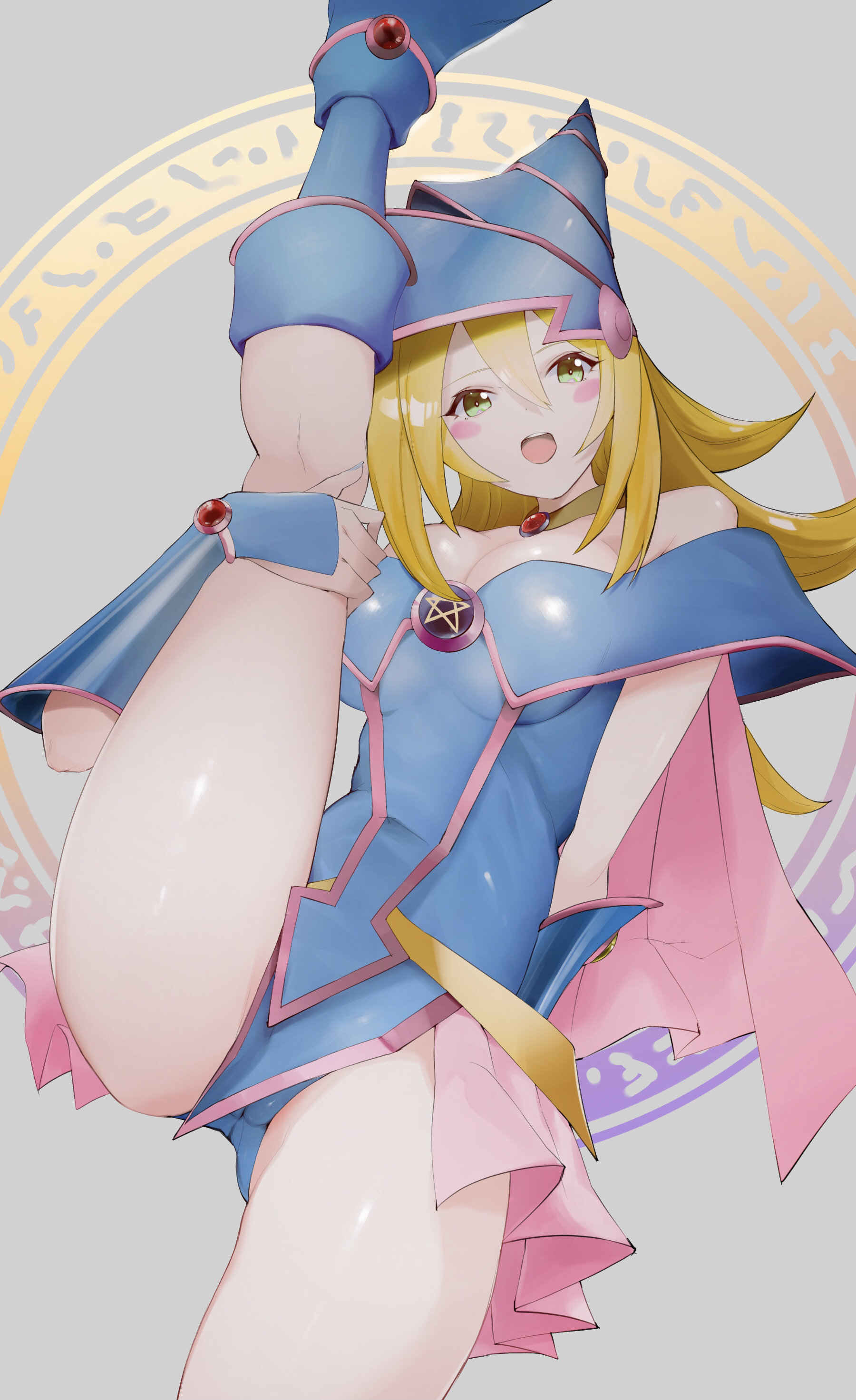1girls, 2021, bare shoulders, belly button, big breasts, blonde hair, boots, breasts, capelet, clothed, clothed female, dark magician girl, female, female only, flexible, fully clothed, green eyes, grey background, headgear, headwear, hi res, high resolution, highres, holding leg, kataku musou, leg up, legs up, leotard, navel, necklace, open mouth, simple background, skindentation, skirt, smile, standing on one leg, tagme, thick thighs, thighs, white background, yellow hair, yu-gi-oh!