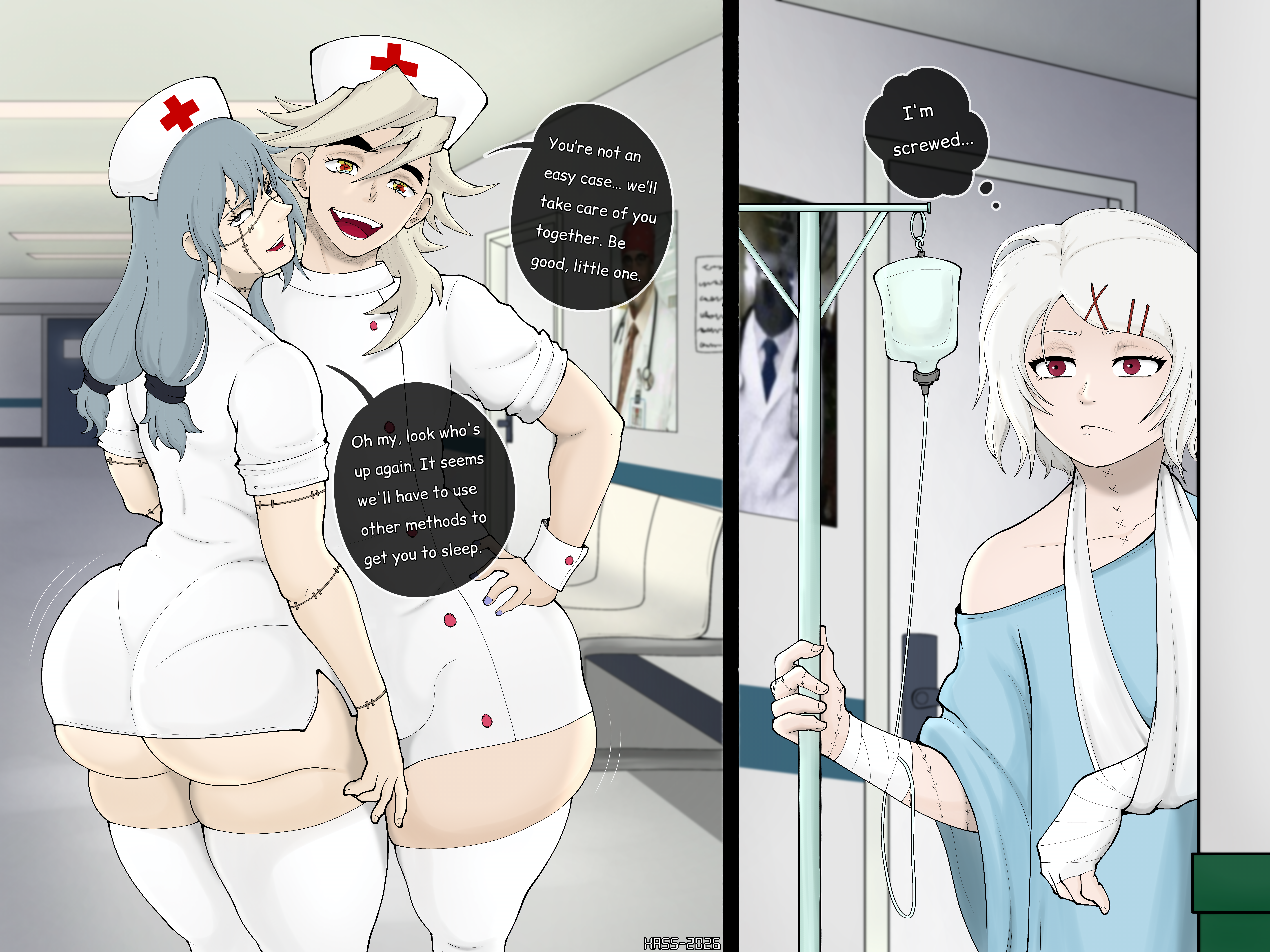 3boys, ass, big ass, bottom heavy, bubble butt, bulge, clothing, crossover, demon, demon slayer, dialogue, douma, fat ass, femboy, gluteal fold, grey hair, hassdr4w, hospital, huge ass, human, indoors, jujutsu kaisen, juuzou suzuya, kimetsu no yaiba, large ass, legwear, mahito (jujutsu kaisen), male, male only, nurse, nurse clothing, nurse uniform, pantylines, png, scar, spirit, stitches, text, thick ass, thick thighs, thighhighs, thought bubble, thunder thighs, tokyo ghoul, white hair, wide hips
