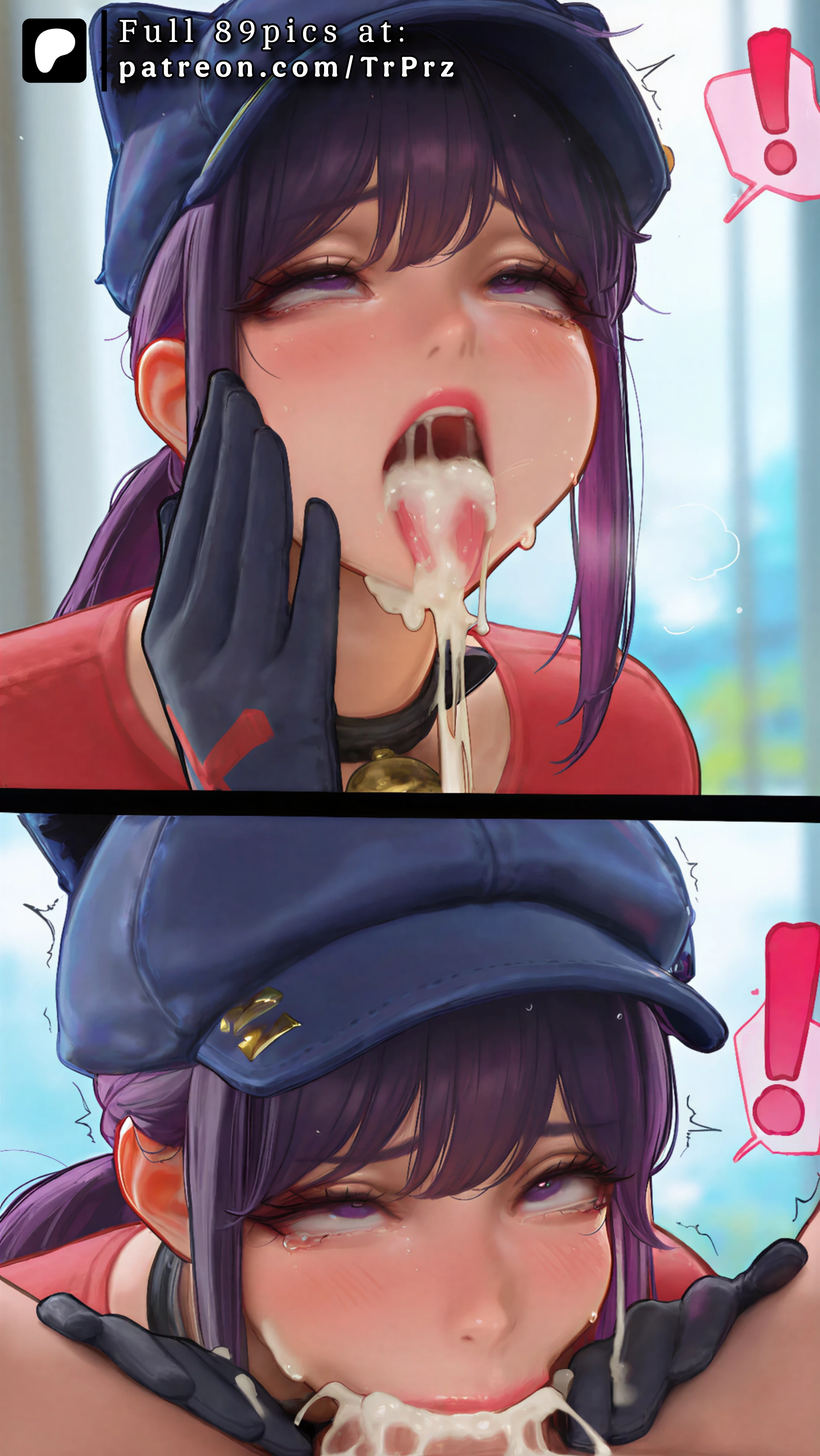 !, after fellatio, after oral, ai generated, animal ears, blush, cum, cum in mouth, deepthroat, ejaculation, female, female focus, gloves, hat, miside, mita (miside), moaning, open mouth, penis, purple eyes, purple hair, rolling eyes, shirt, split screen, tongue, trembling, trugprz