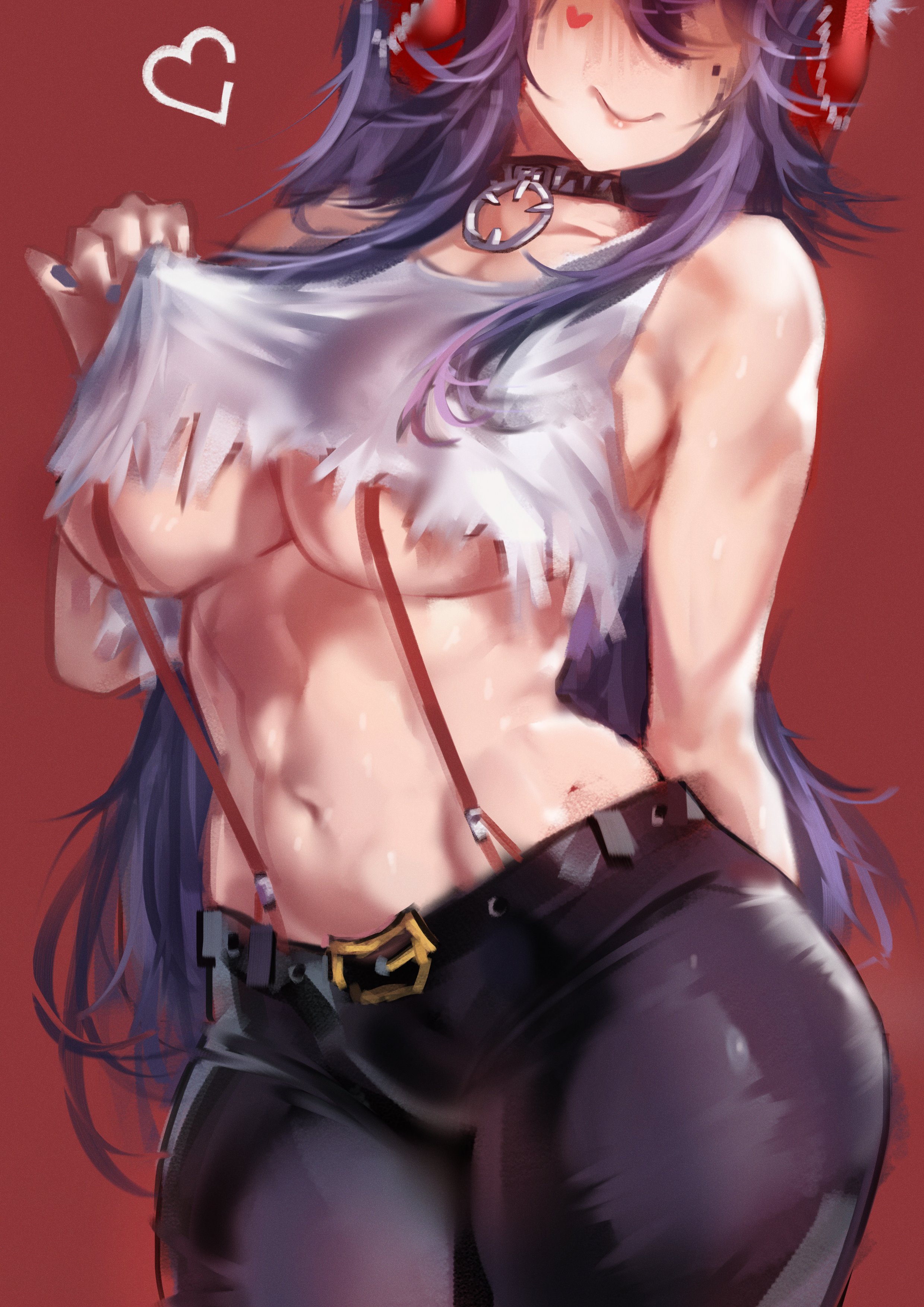 1girls, akuma nihmune, arhiel, belly button, blush, breasts, clothed, clothing, collar, embarrassed, female, female only, headphones, heart tattoo, huge breasts, indie virtual youtuber, light skin, light-skinned female, nose blush, pants, purple hair, smile, solo, tattoo, underboob, virtual youtuber
