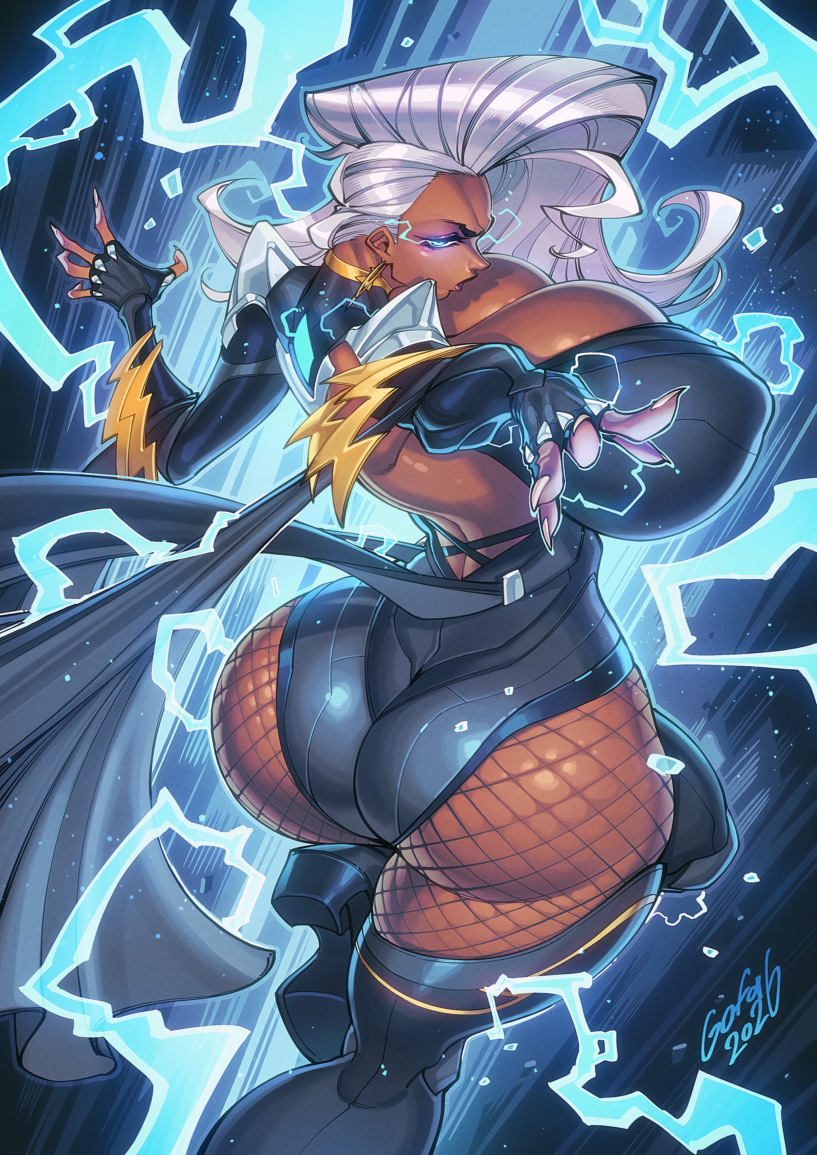 1girls, 2d, big breasts, dark-skinned female, dat ass, fat ass, fishnets, gofa, huge ass, huge breasts, large ass, large breasts, looking back, marvel, marvel comics, marvel rivals, solo, storm (marvel rivals), storm (x-men), white hair