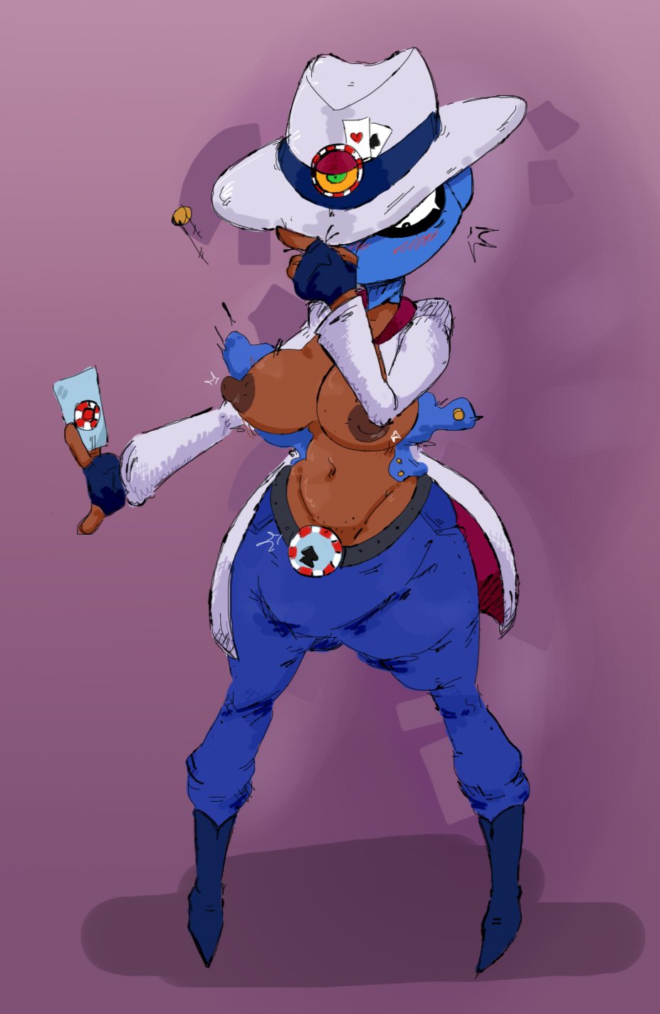 1girls, areolae, big breasts, blush, blush lines, blushing, boobs, brawl stars, breasts, breasts out, clothing, dark-skinned female, dibujobienraro, fingerless gloves, glov, gloves, mask, masked female, misfortune tara (brawl stars), nipples, partially clothed, poker cards, poker chip, simple background, supercell, tara (brawl stars)