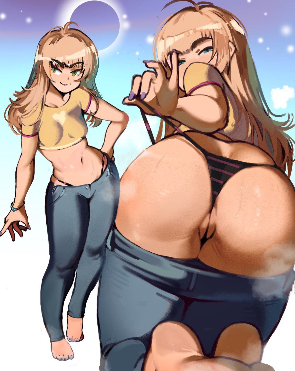 1girls, ass, barefoot, big ass, blonde hair, breasts, child bearing hips, come hither, eyebrows visible through hair, fat ass, feet, female, female only, green eyes, hand on hip, highres, jeans, legs, looking at viewer, looking back, medium breasts, midriff, multiple views, nail, nail polish, navel, original, panties, pants, pants down, pose, posing, pulled by self, pussy, roropull, sensual, sexy, shirt, small breasts, solo, teasing, thick eyebrows, thighs, thong, toenail polish, toenails, underwear, whale tail