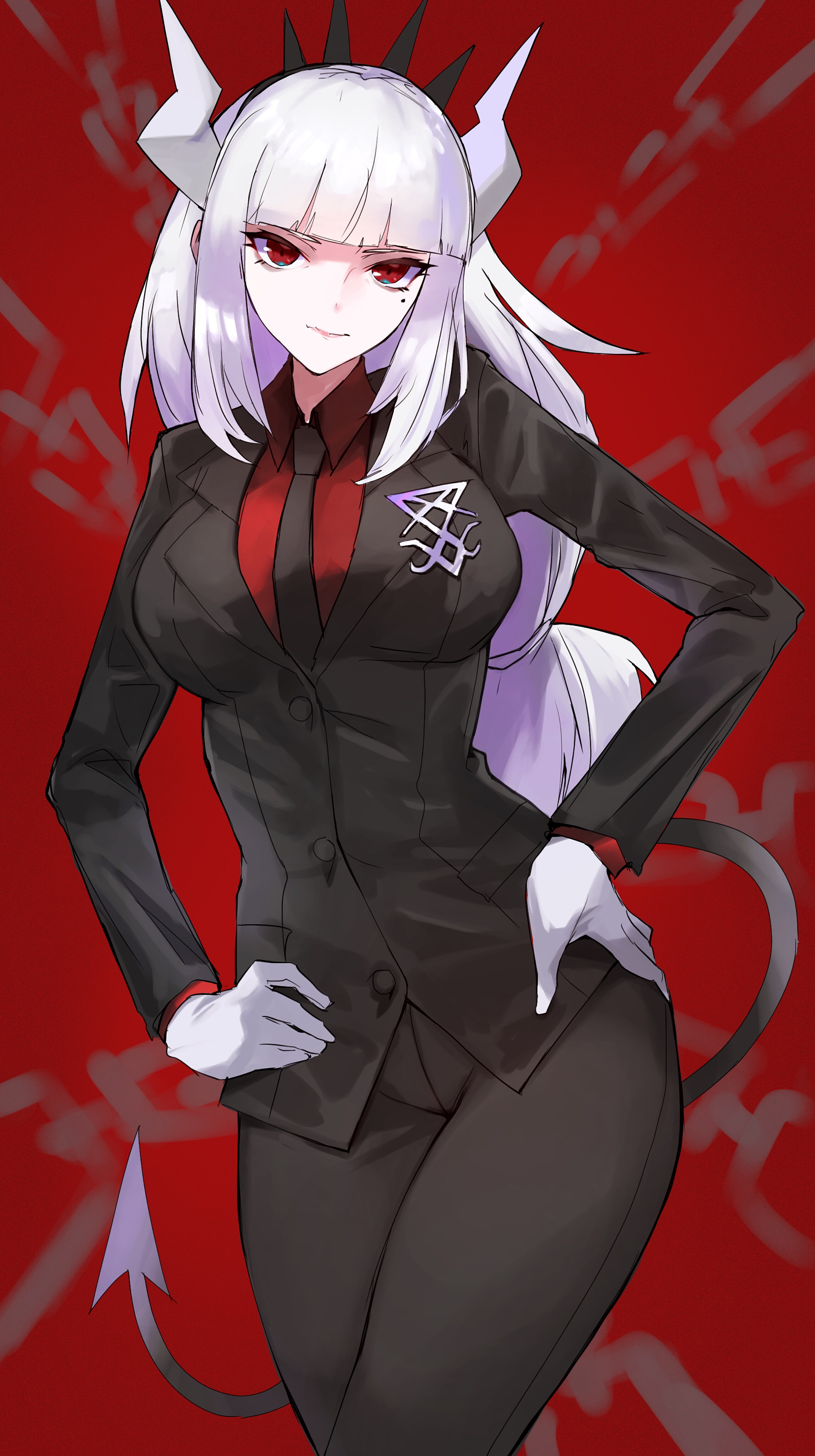 1girls, 2021, big breasts, black jacket, black necktie, black pants, breasts, business suit, chains, crown, demon horns, demon tail, female, female only, fully clothed, gloves, helltaker, hi res, high resolution, highres, horns, jacket, kataku musou, long hair, looking at viewer, lucifer (helltaker), necktie, pants, red background, red eyes, red shirt, shirt, simple background, suit, tail, thighs, tight clothing, tight pants, tight suit, white gloves, white hair