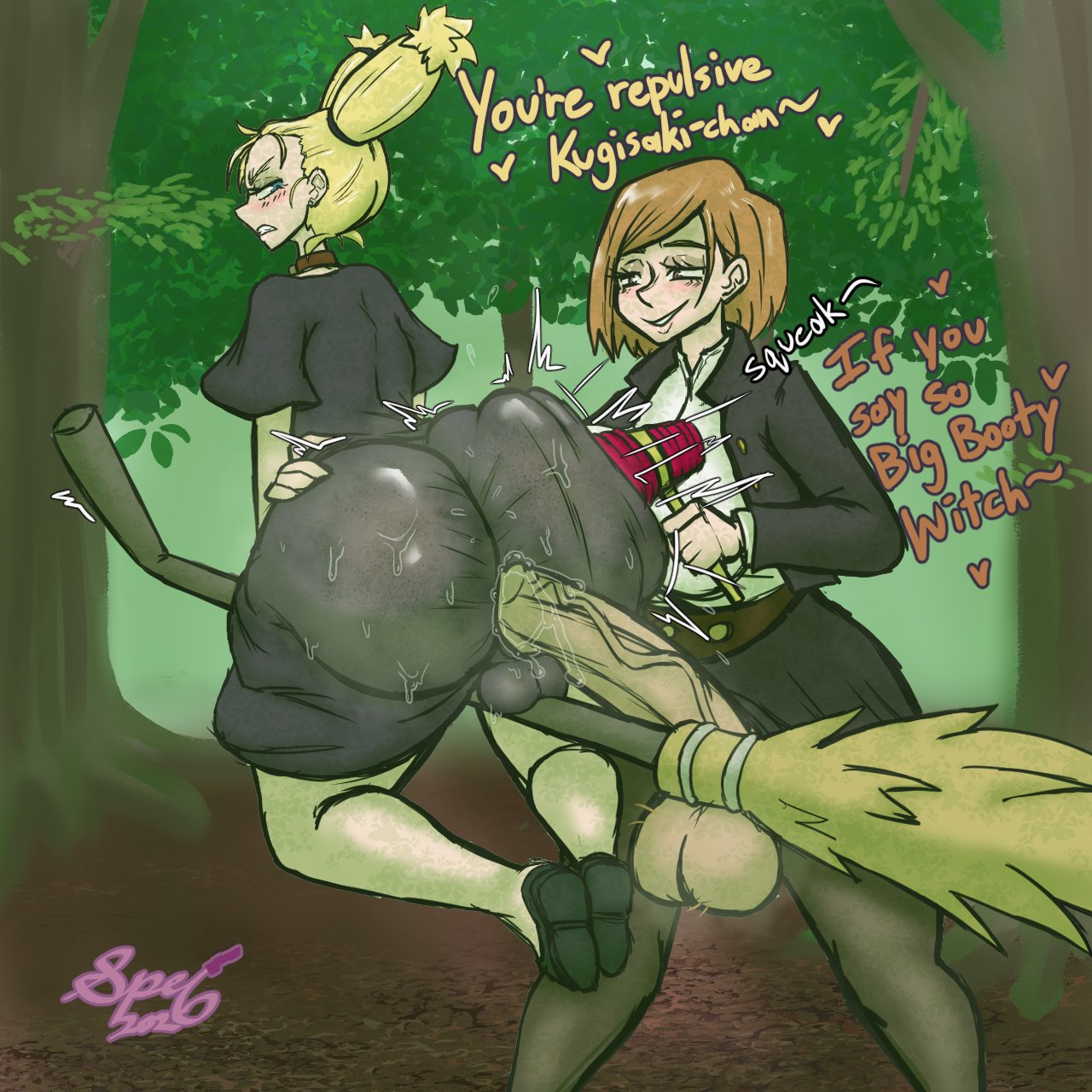 2futas, anal, anal penetration, anal sex, anal through clothes, ass, ass focus, ass slap, balls, big ass, big balls, big penis, blonde hair, blue eyes, blush, broom, broom riding, brown eyes, brown hair, bulge, clothed sex, clothing, dialogue, dress, forest, from behind, futa on futa, futa only, futanari, hammer, huge ass, huge cock, jujutsu kaisen, kugisaki nobara, nishimiya momo, outdoor sex, outdoors, pantyhose, penis, school uniform, schoolgirl, sex, sex through clothes, skirt, slapping ass, smacking ass, specnsfw, sweat, sweating, sweaty, sweaty ass, text, thick, thick ass, thick thighs, through clothes, twintails, witch, witch broom, yuri