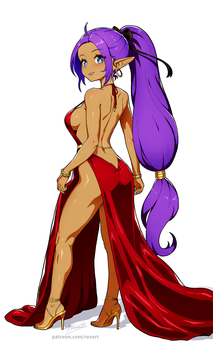 1girls, ass, big boobs, big breasts, blue eyes, breasts, clothing, curvy, dress, female, female only, hair, high heels, large breasts, lips, long hair, looking at viewer, necklace, pelvic curtain, pointy ears, purple hair, red dress, revenantart, shantae, shantae (character), skimpy, skimpy dress, slit dress, smooth skin, solo, solo female, thick thighs, thighs