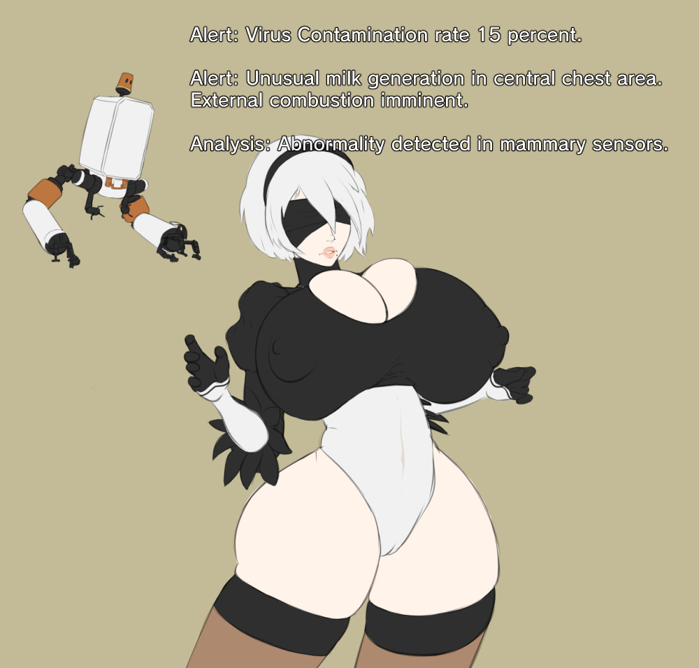 1girls, big breasts, blindfold, breast expansion, breast growth, breast growth (enlargement), breasts, breasts bigger than head, clothed, clothing, curvy, english text, expansion, female, female only, huge breasts, leotard, light skin, light-skinned female, nier: automata, pod (nier), simple background, solo, solo female, stromael, text, thick, thick thighs, thighhighs, white hair, yorha 2b