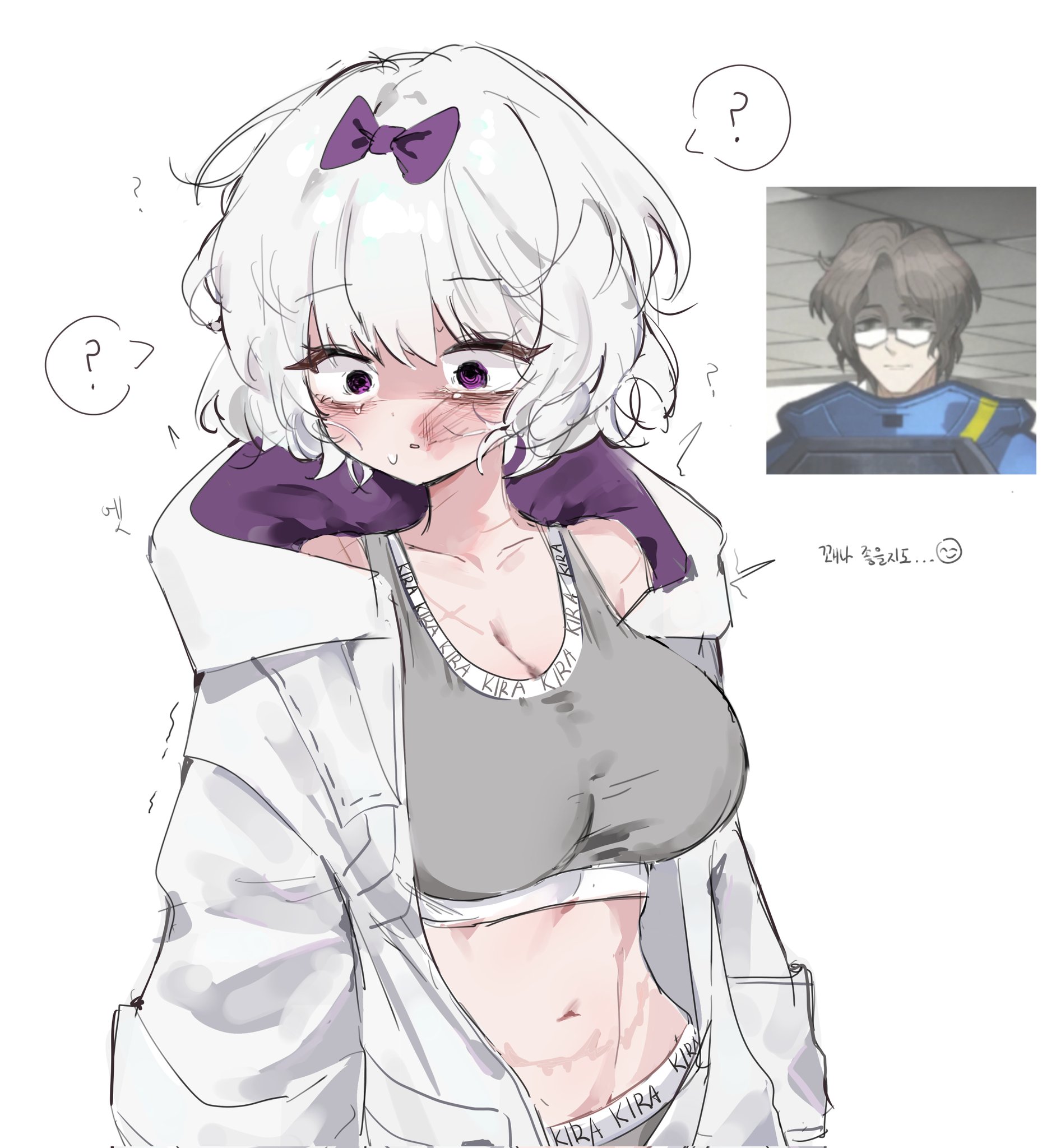 ?, 1girls, a73398190, alan (limbus company), big breasts, bowtie, bra, breasts, bruise, bruise on face, bruised, bruised face, female, female focus, female only, hoodie, hoodie only, kira (limbus company), limbus company, panties, project moon, scar, scar on chest, solo, solo female, solo focus, sports bra, tagme, the middle (identity) (project moon), the middle (project moon), white hair ornament