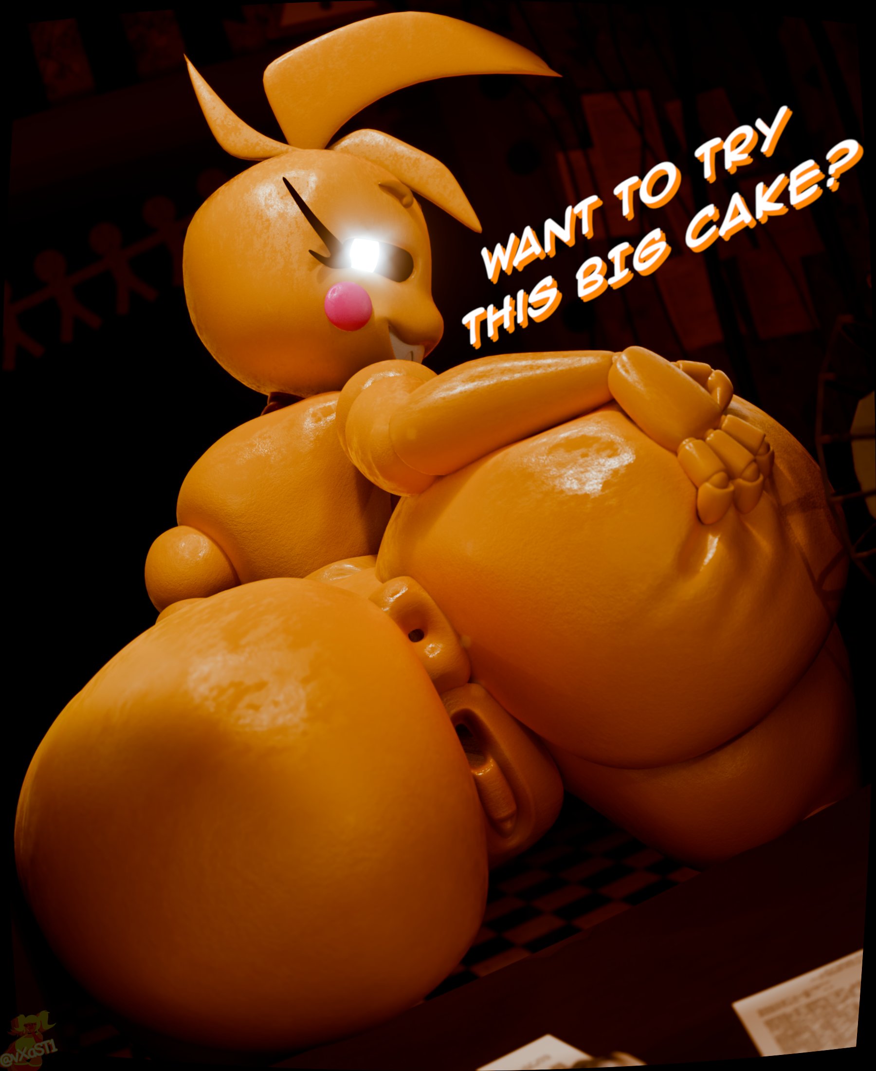 3d, 3d (artwork), anus, ass, big ass, dialogue, five nights at freddy's, fnaf2 location, looking at viewer, solo, spread ass, toy chica (fnaf), visible pussy, vxast