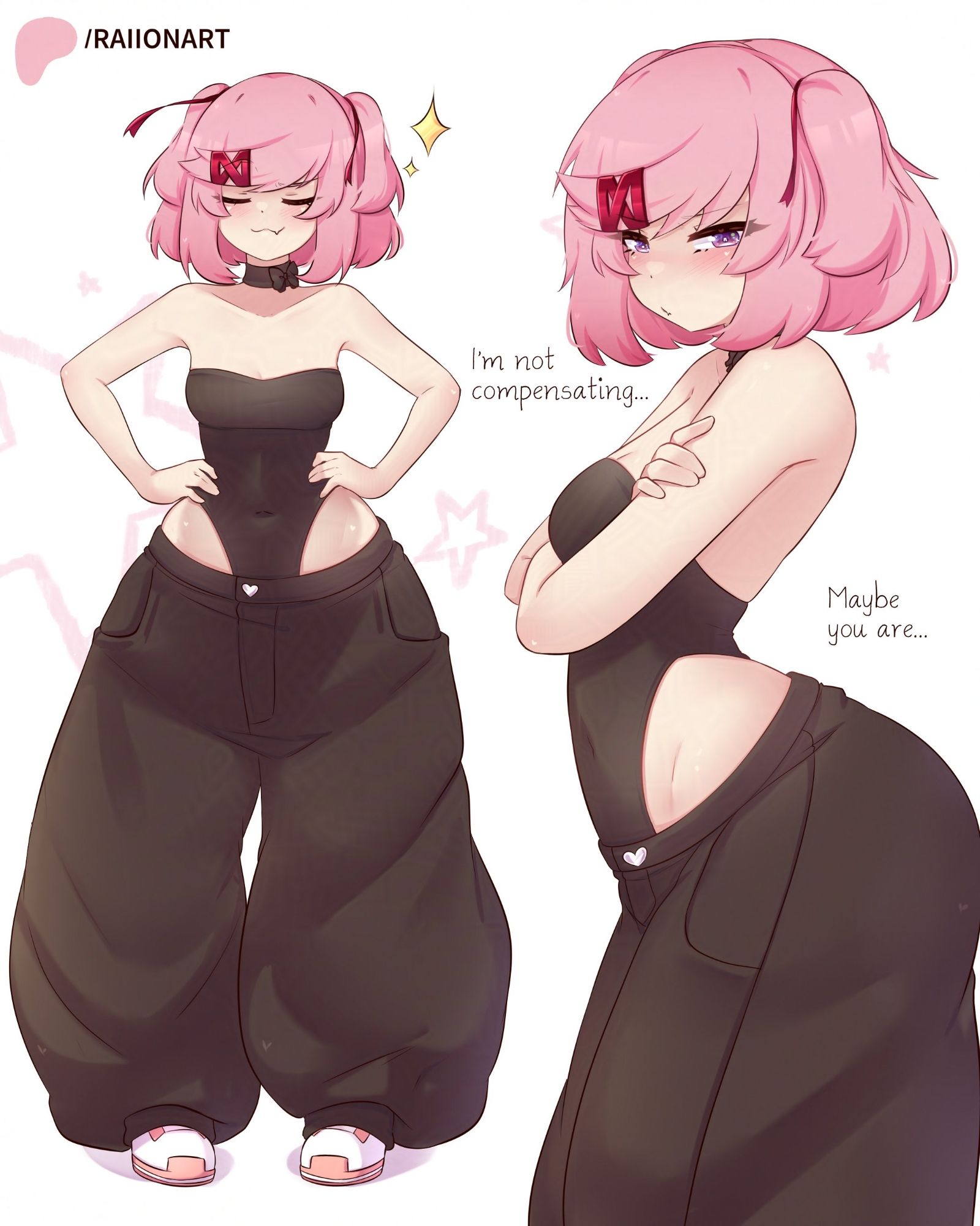 baggy clothing, baggy pants, big ass, bottom heavy, choker, doki doki literature club, female, female focus, female only, half-dressed, huge ass, natsuki (doki doki literature club), pink hair, raionart, revealing clothes, short hair, small breasts, thick ass, thick thighs, thighs