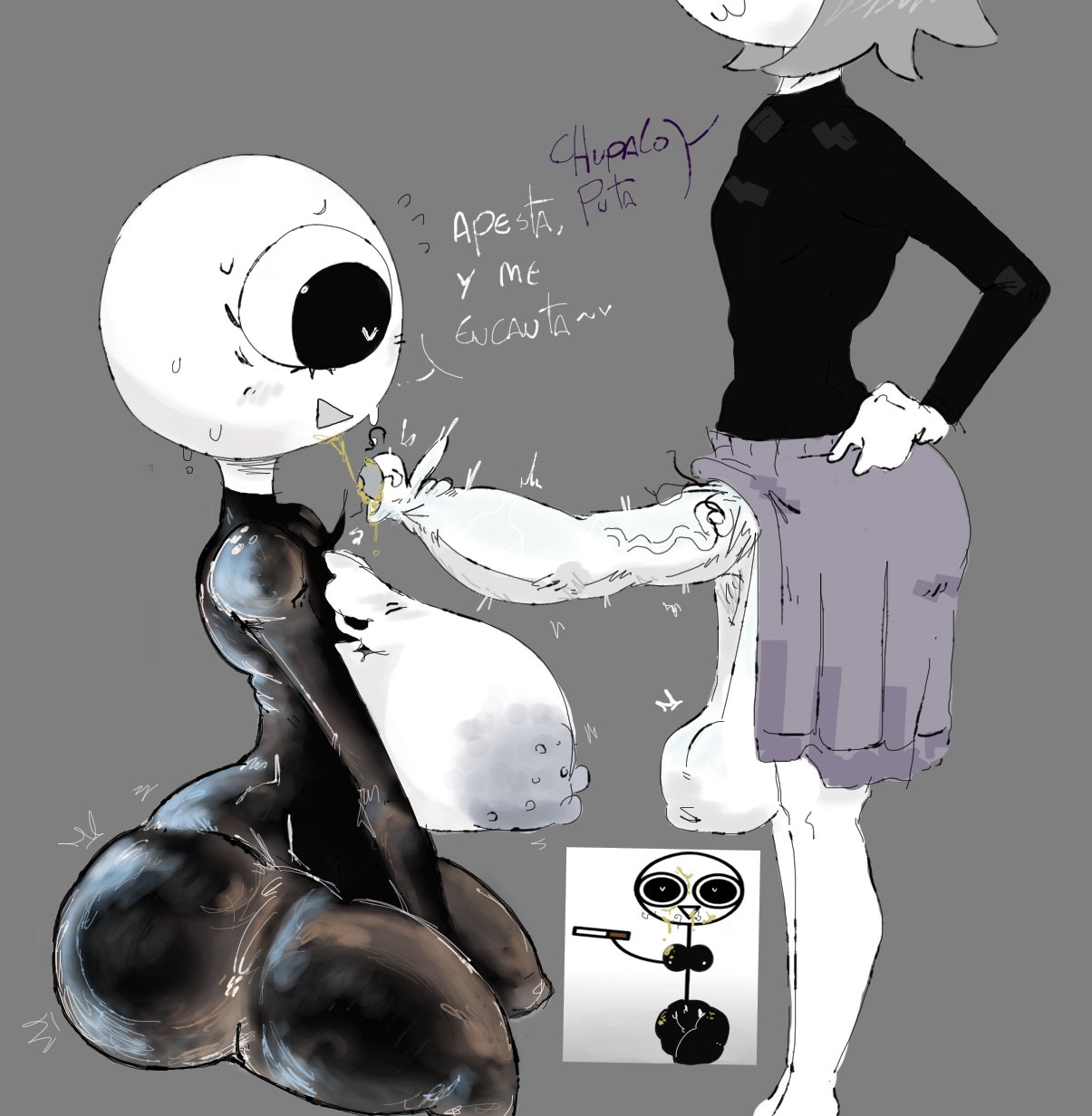1futa, 1girls, antixiaro, bodysuit, clothed, clothing, dibujobienraro, erection, female, futa on female, futanari, mostly clothed, oraix, smegma, smelly, smelly cock, spanish text, text, xiaro