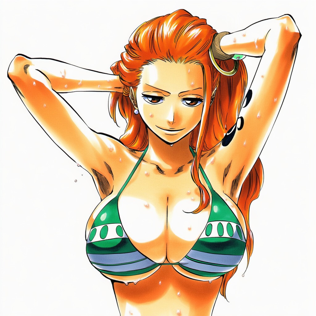 1:1, 1girls, accurate body type, adjusting hair, ai generated, arm tattoo, armpits, arms behind head, arms up, bangle, big breasts, bikini, bikini top, bikini top only, bracelet, breast focus, breasts, brown eyes, bursting breasts, busty, clavicle, cleavage, closed mouth, clothing, collarbone, curvaceous, curvy, dripping, dripping wet, earrings, fanart, female, female focus, female only, forehead, front view, green bikini, green bikini top, hair slicked back, hand in own hair, hands in hair, hands on own head, hands up, high resolution, highres, huge breasts, jewelry, large breasts, light skin, light-skinned female, log pose, long hair, looking at viewer, manga style, nami (one piece), narrow waist, one piece, orange eyes, orange hair, orange-haired female, pearl earrings, pinup, shiny hair, shiny skin, shoulder tattoo, simple background, slicked back hair, smile, solo, solo female, solo focus, standing, striped bikini, swimsuit, tattoo, thin eyebrows, tite kubo style, underboob, upper body, v-shaped eyebrows, water drop, wet, wet body, wet hair, wet skin, white background
