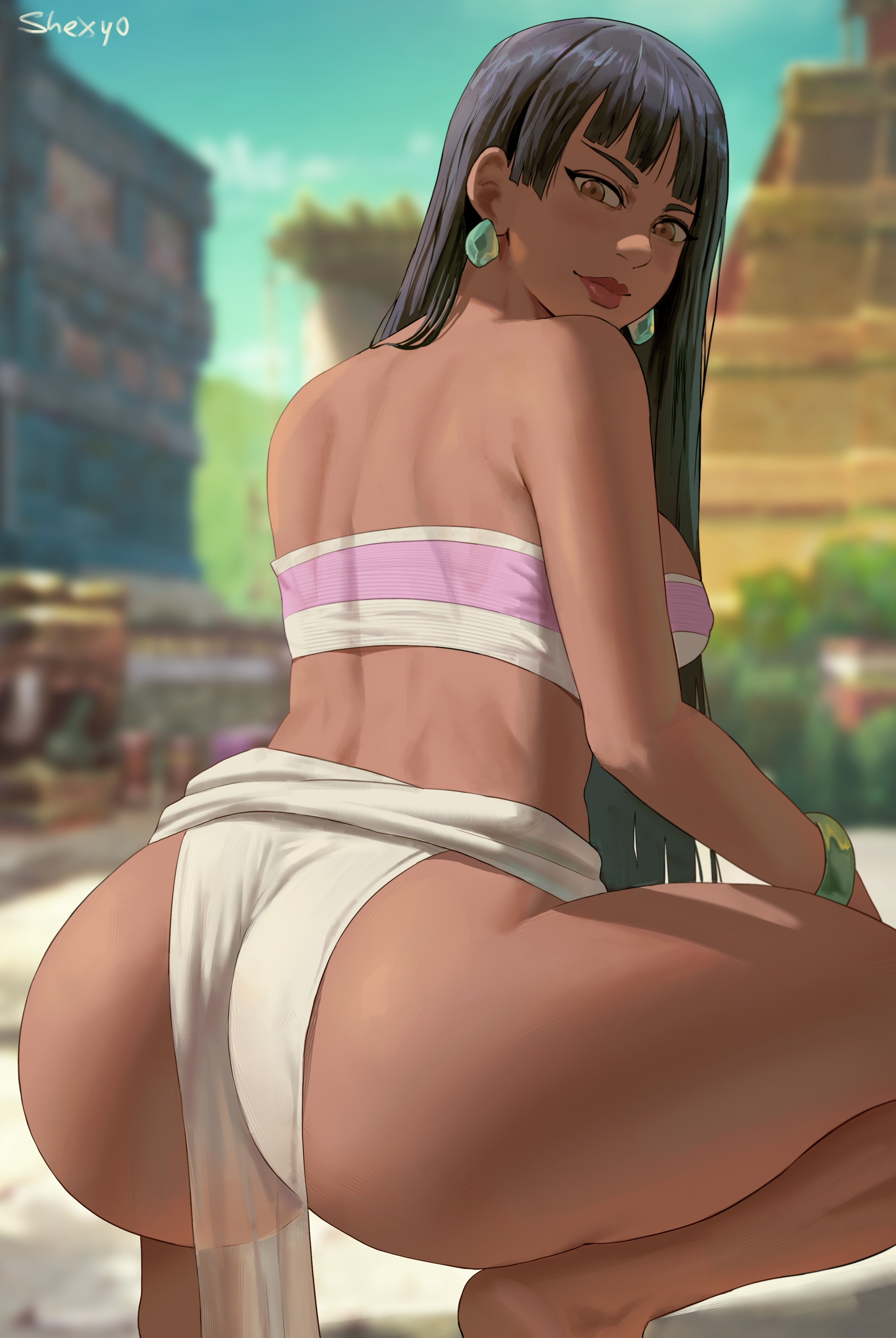 1girls, 2021, artist signature, ass, ass focus, ass shot, back view, backboob, bandeau, black hair, black-haired female, breasts, brown eyes, brown skin, bubble ass, bubble butt, chel, clothed, clothed female, dark skin, dark-skinned female, dreamworks, feet out of frame, female, female only, hi res, hips, huge ass, jewelry, large breasts, long hair, looking at viewer, outdoors, shexyo, slim waist, squatting, the road to el dorado, thick lips, thick thighs, thighs, wide hips