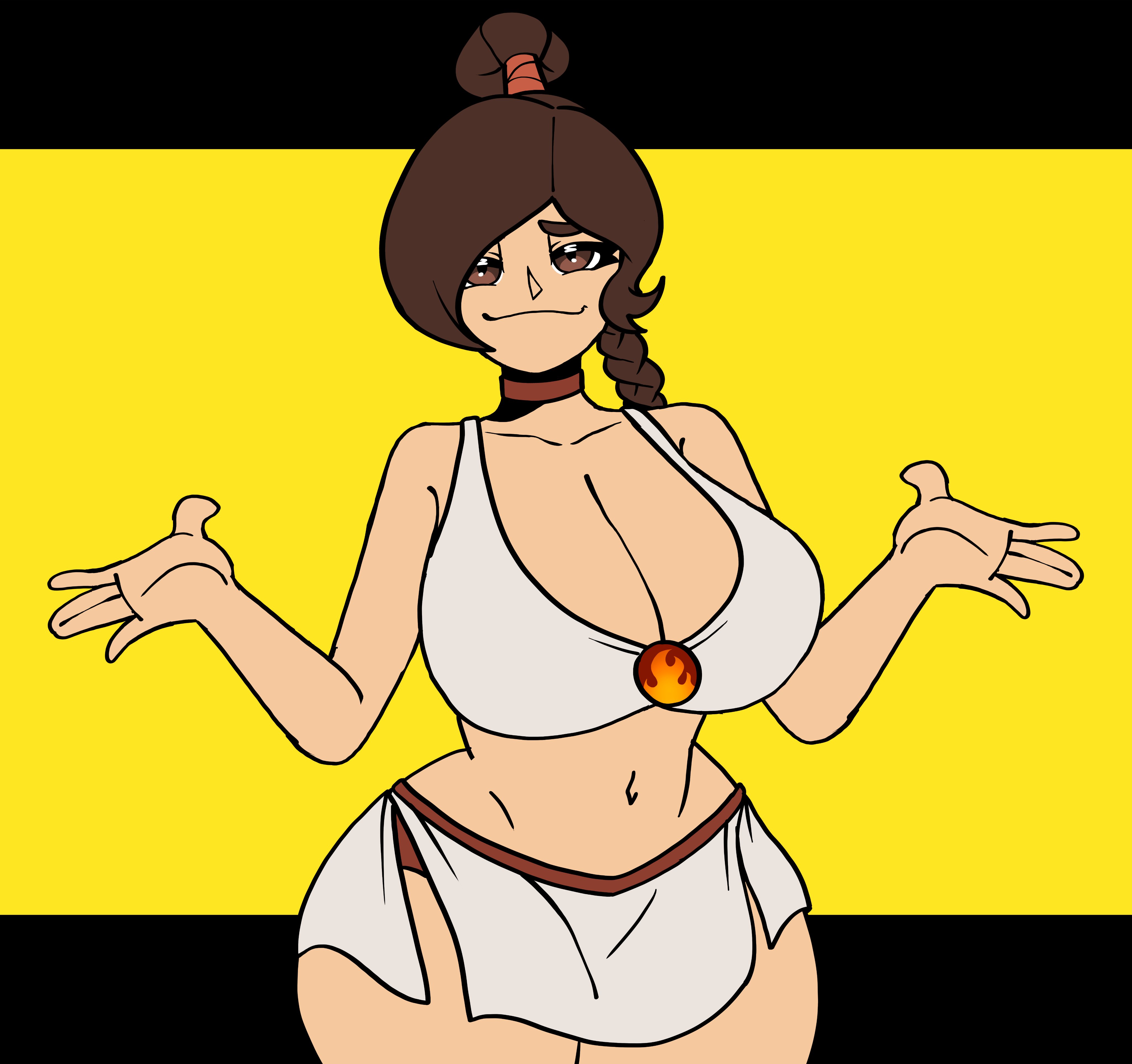 1girls, avatar legends, avatar the last airbender, bandaged arm, bandages, bangs, belly, belly button, big breasts, blindstash, braid, braided ponytail, breasts, brown eyes, brown hair, busty, choker, clothing, female, female focus, female only, huge breasts, large breasts, light-skinned female, long hair, midriff, navel, necklace, nickelodeon, nicktoons, shrugging, skirt, solo, solo female, solo focus, swimsuit, tagme, ty lee, yellow background
