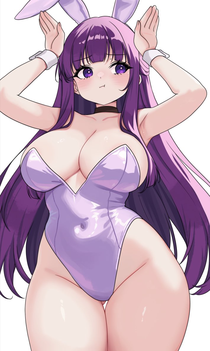 1girl, animal ears, armpits, arms up, bare shoulders, black choker, blush, breasts, choker, closed mouth, collarbone, commentary, covered navel, english commentary, fern (sousou no frieren), groin, large breasts, leotard, long hair, moshiedraws, playboy bunny, pout, purple eyes, purple hair, purple leotard, rabbit ears, rabbit pose, simple background, solo, sousou no frieren, strapless, strapless leotard, thighs, white background, white wrist cuffs, wrist cuffs