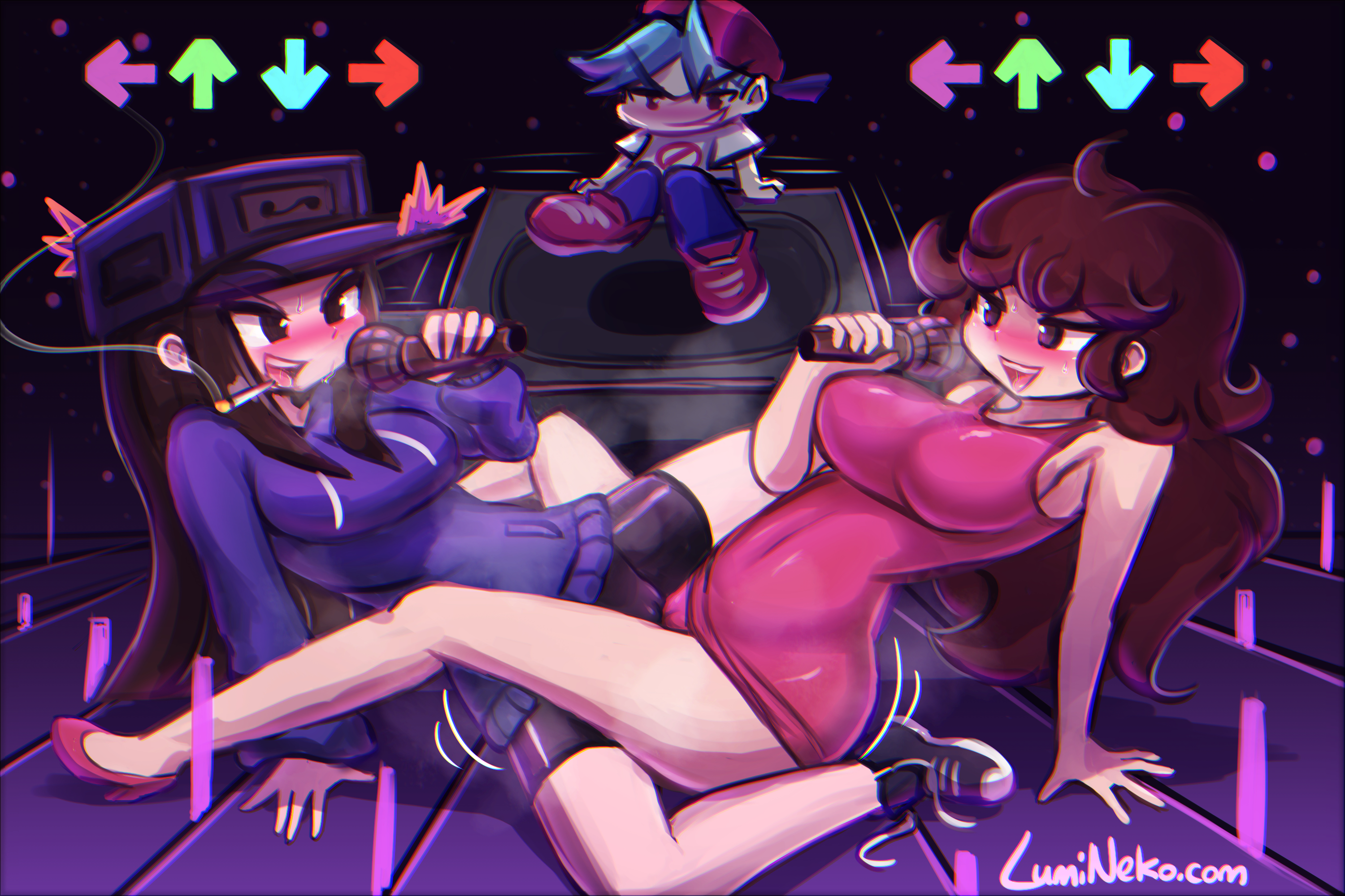 1boy, 2021, 2girls, absurd res, being watched, big breasts, black hair, blush, boyfriend (friday night funkin), breasts, brown hair, cassette girl, female, fnf mods, friday night funkin, girlfriend (friday night funkin), hat, heavy breathing, high resolution, long hair, lumineko, male, panties, scissoring, short hair, shorts, sitting, smaller male, thick thighs, thighs, tribadism, tribadism through clothing, yuri, yuri with male audience