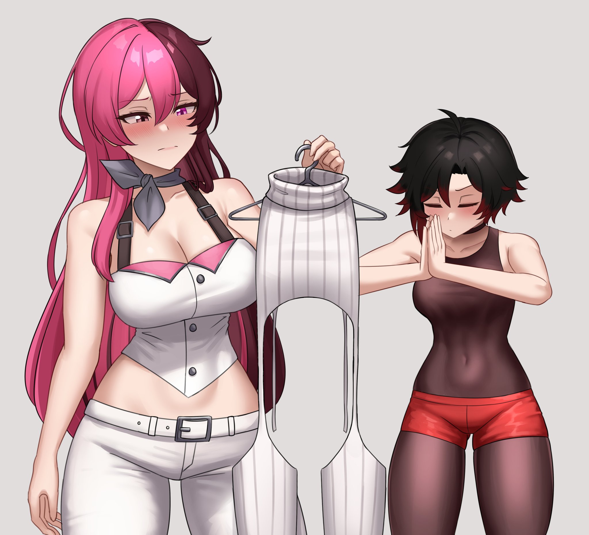 alternate costume, begging, big breasts, blush, brown hair, cleavage, cleavage cutout, confused look, cslucaris, eyes closed, female, female only, hands together, heterochromia, highlights (coloring), large breasts, long hair, neo (rwby), pink hair, red shorts, repost, ruby rose, rwby, short hair, short shorts, shorts, tight clothing, two-tone hair, virgin destroyer sweater, viz media, white sweater