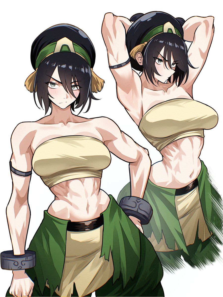 1girls, armlet, armpits, arms behind head, arms up, arms up pose, athletic, athletic female, avatar the last airbender, bare midriff, bare shoulders, biceps, big breasts, blind, blind female, breasts, clavicle, deltoids, female, female focus, female only, female torso, fit, fit female, front view, green clothing, hands behind head, huge breasts, large boobs, large breasts, light skin, light-skinned female, looking down, looking down at viewer, midriff, nickelodeon, nickelodeon animation studio, nicktoons, solo, solo female, solo focus, the legend of aang, thick thighs, thighs, toned, toned female, toph bei fong, tube top, updo, vlizz, white background, wristlet, wristwear