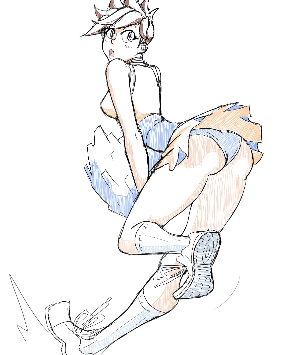 ass, cheerleader, cheerleader uniform, female, looking back, overwatch, skirt, tomboy, tracer, upskirt, zeromomentai