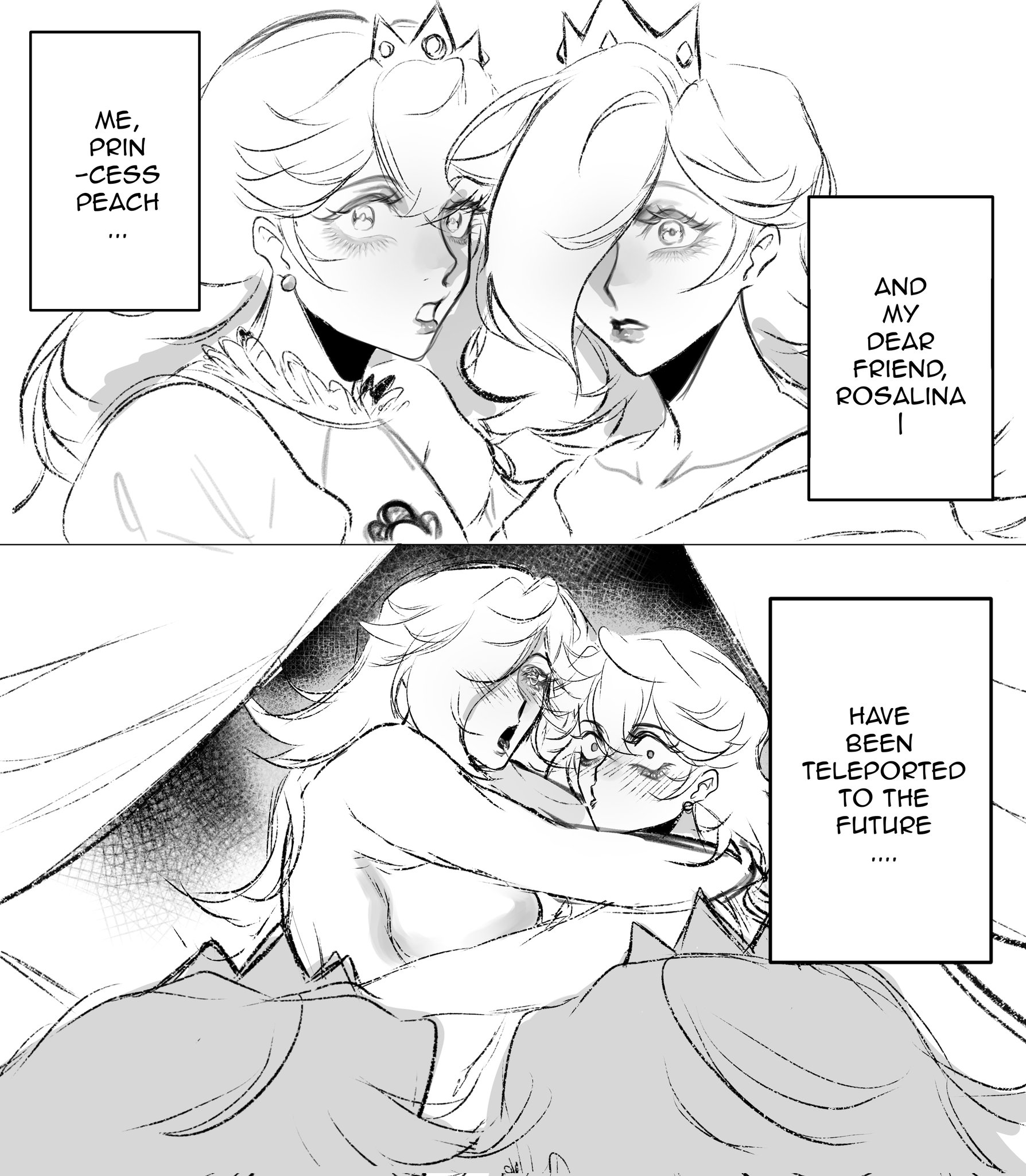 2girls, blush, caught, caught in the act, clothed, clothes, clothing, crown, dlovesespresso, dominant female, female, female focus, female only, glasses, instant loss, mario (series), mature, mature female, meme, naked, naked female, nintendo, nude, nude female, princess, princess peach, princess rosalina, sisters, somehow has time-traveled (meme), submissive female, super mario bros., surprised, surprised expression, time travel, yuri