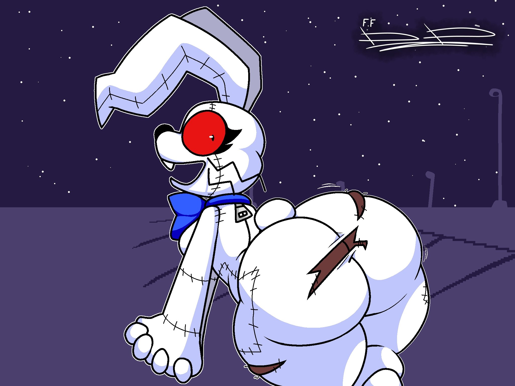 1girl, 1girls, accidental exposure, big ass, big butt, blue bowtie, boobs, bowtie, bowtie collar, brown skin, buckteeth, bunny ears, butt, butt focus, clothing malfunction, commando, costume, detailed background, female, five nights at freddy's, five nights at frickbears, five nights at frickbears 3, highres, human, humanoid, lineart, motion lines, night, night sky, red eyes, ripped clothing, shaded, shocked expression, signature, sinner20033, solo, solo female, stars, stitches, tail, thick ass, thick thighs, vannabelle (frickbears 3), vannabelle dewlap, vanny (fnaf), vanny (frickbears), whiskers, white costume, zipper