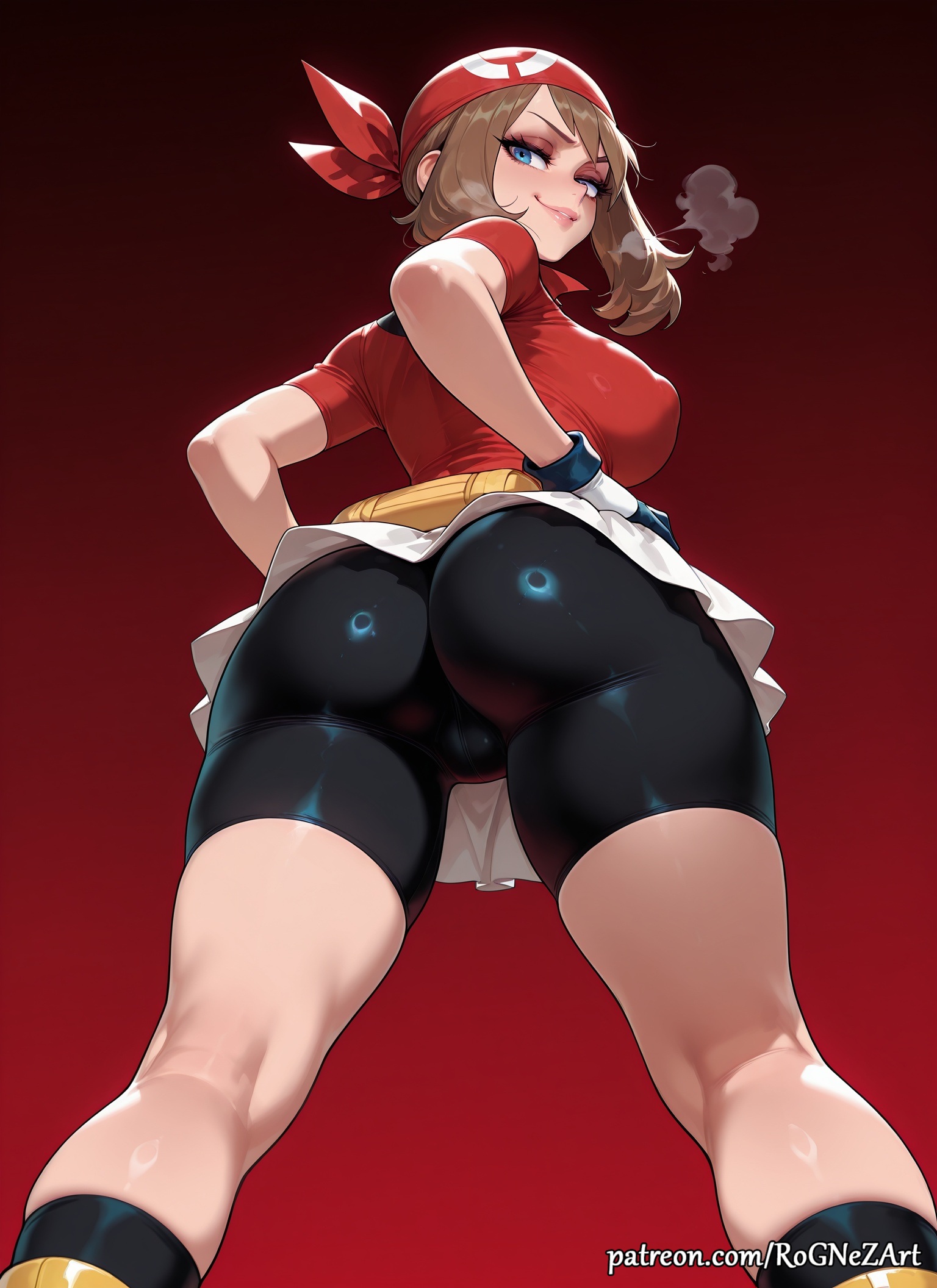 1girl, 2026, ai generated, anime, ass, bandana, bike shorts, blue eyes, boobs, breasts, brown hair, buttocks, cameltoe, cleavage, crossover, eye contact, female, female focus, from below, gloves, handwear, highres, huge breasts, kneepits, large breasts, looking at viewer, looking back, low angle, may (pokemon), nintendo, nsfw, patreon, pokemon, red background, red shirt, rognezart, shirt, short sleeves, shorts, skirt, smile, smiling, solo, white skirt