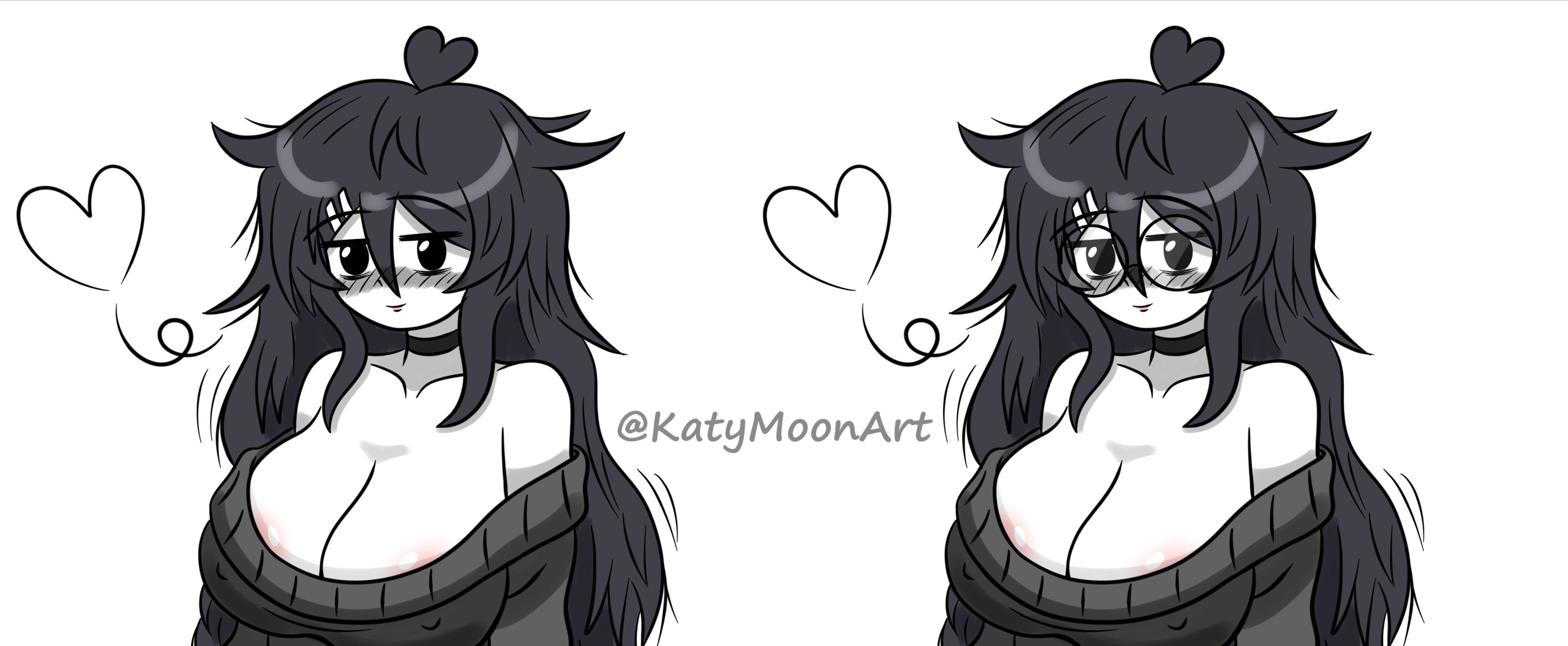 1girls, artist, big breasts, big thighs, black hair, blush, choker, cute, depressed, female, female only, girlfriend, glasses, heart, inviting, katy (katymoonart), katymoonart, long hair, love, messy hair, not porn, oc, original, original character, ripped clothing, simple background, sitting, smile, smiling, smiling at viewer, solo, solo female, stockings, sweater, text, thighhighs, tired eyes, twitter link, twitter user oc, twitter username, white background, white body