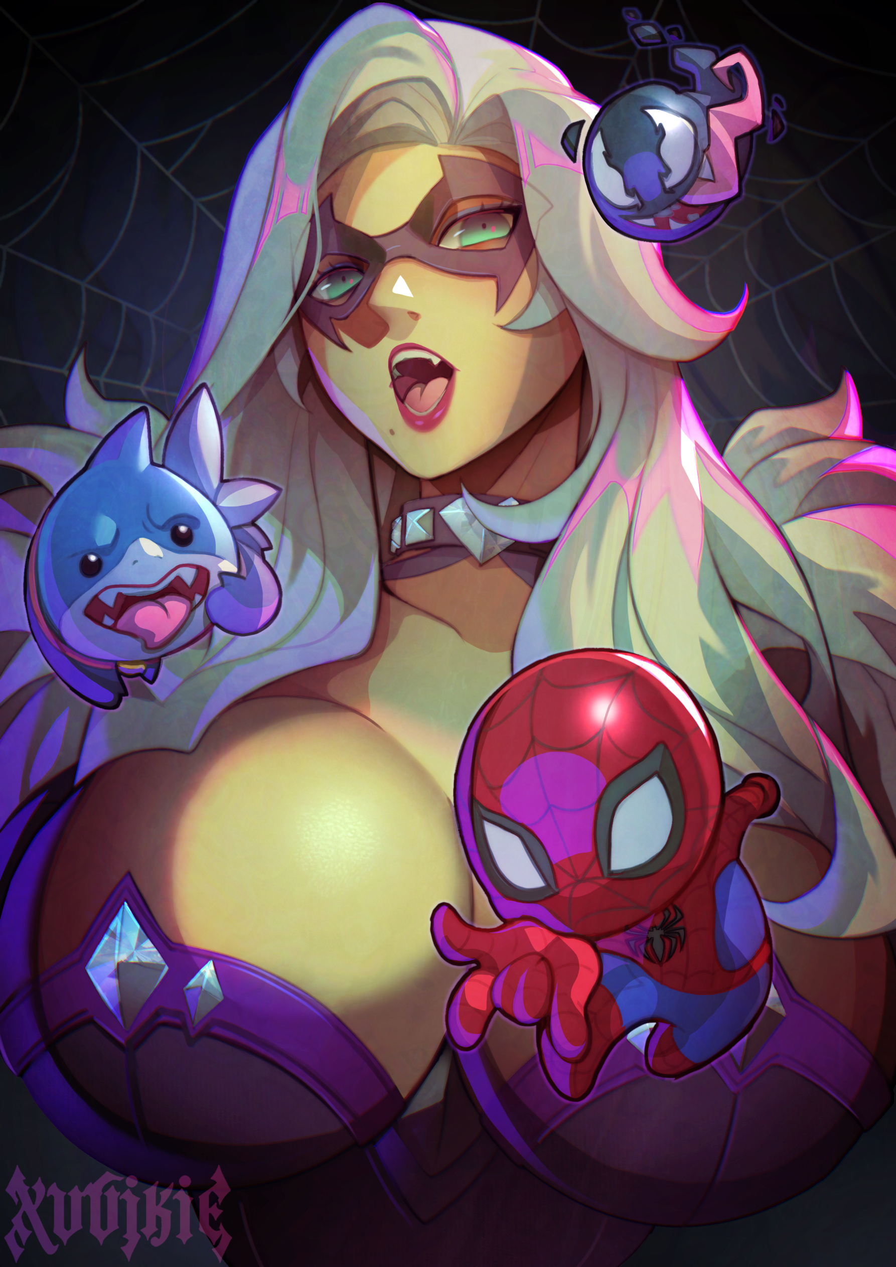 1girls, 2026, 2d, big breasts, black cat (marvel rivals), black cat (marvel), bodysuit, breasts, bursting breasts, bust portrait, choker, cleavage, clothed, collar, color, colored, curvaceous, curvaceous body, curvaceous female, curvaceous figure, curvaceous hips, curvy, curvy body, curvy female, curvy figure, curvy hips, cute fang, doll, domino mask, eyemask, felicia hardy, female, fully clothed, green eyes, hips, huge breasts, jeff the land shark, large breasts, light skin, light-skinned female, marvel, marvel comics, marvel rivals, mask, masked, masked female, massive breasts, netease games, peter parker, pinup, seductive, seductive look, skin tight, solo, spider-man, spider-man (series), superheroine, thick, thick breasts, thick hips, thick thighs, tight clothes, tight clothing, venom (marvel), voluptuous, voluptuous female, white fur, white hair, wide hips, xuuikie, xuuikie ashe
