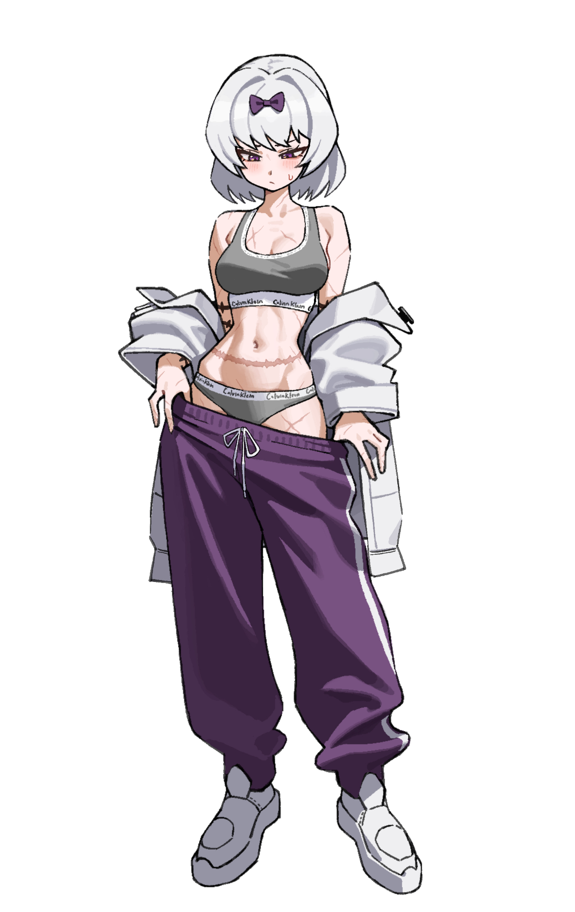 1girls, bowtie, breasts, female, female focus, female only, female torso, kira (limbus company), limbus company, looking down, medium breasts, panties, project moon, scars, scars all over, solo, solo female, solo focus, sports bra, sportswear, tagme, the middle (identity) (project moon), the middle (project moon), undressing, white hair, yaritoo97